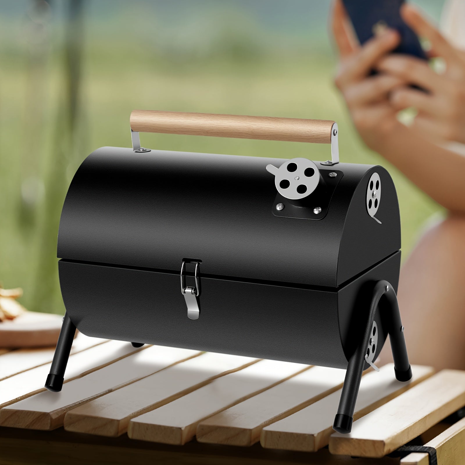 1pc Compact Portable Barrel Charcoal BBQ Grill with Double-Sided Griddle, Foldable Outdoor Smoker Grill for Camping, Cooking, Picnic & Backyard BBQ, Black, Father's Day Gift for Dad, BBQ Gifts for Men