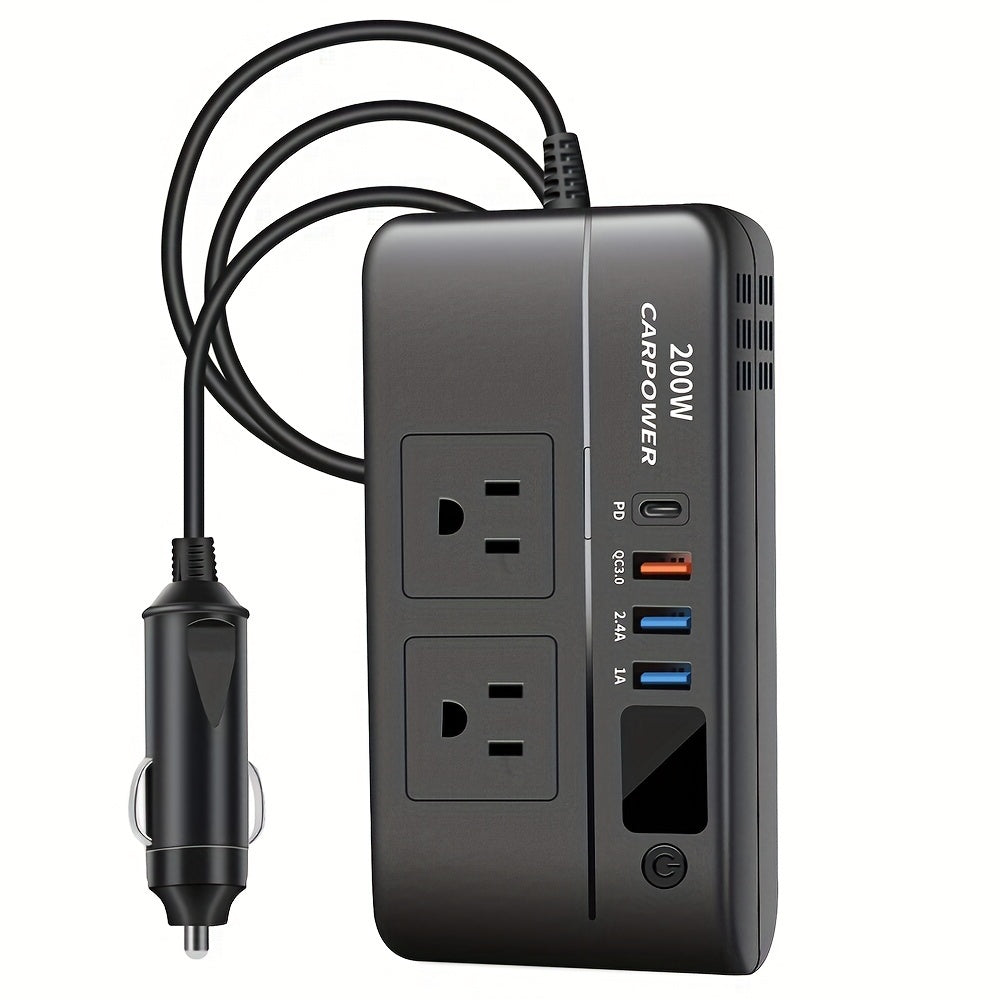 1pc 200W Car Inverter DC 12V to 110V AC Power Inverters for Vehicles with PD 20W USB-C, Dual USB Ports And QC3.0 Fast Charging Ports Car Charger Adapter And with Cigarette Lighter Hole