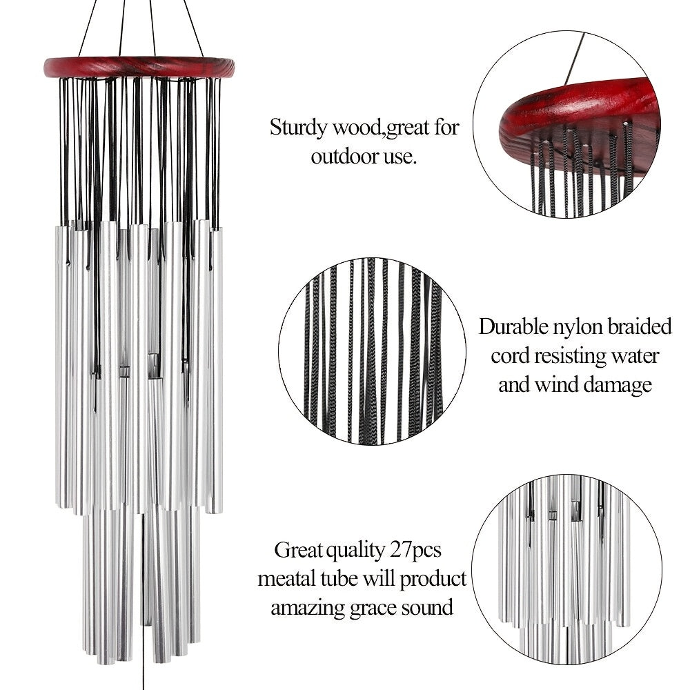 Elegant 27-Tube Metal Wind Chime with Wooden Top, Chapel Bells Design - No Electricity Needed, Perfect for Outdoor Garden & Home Decor, Wind Chimes for Outside