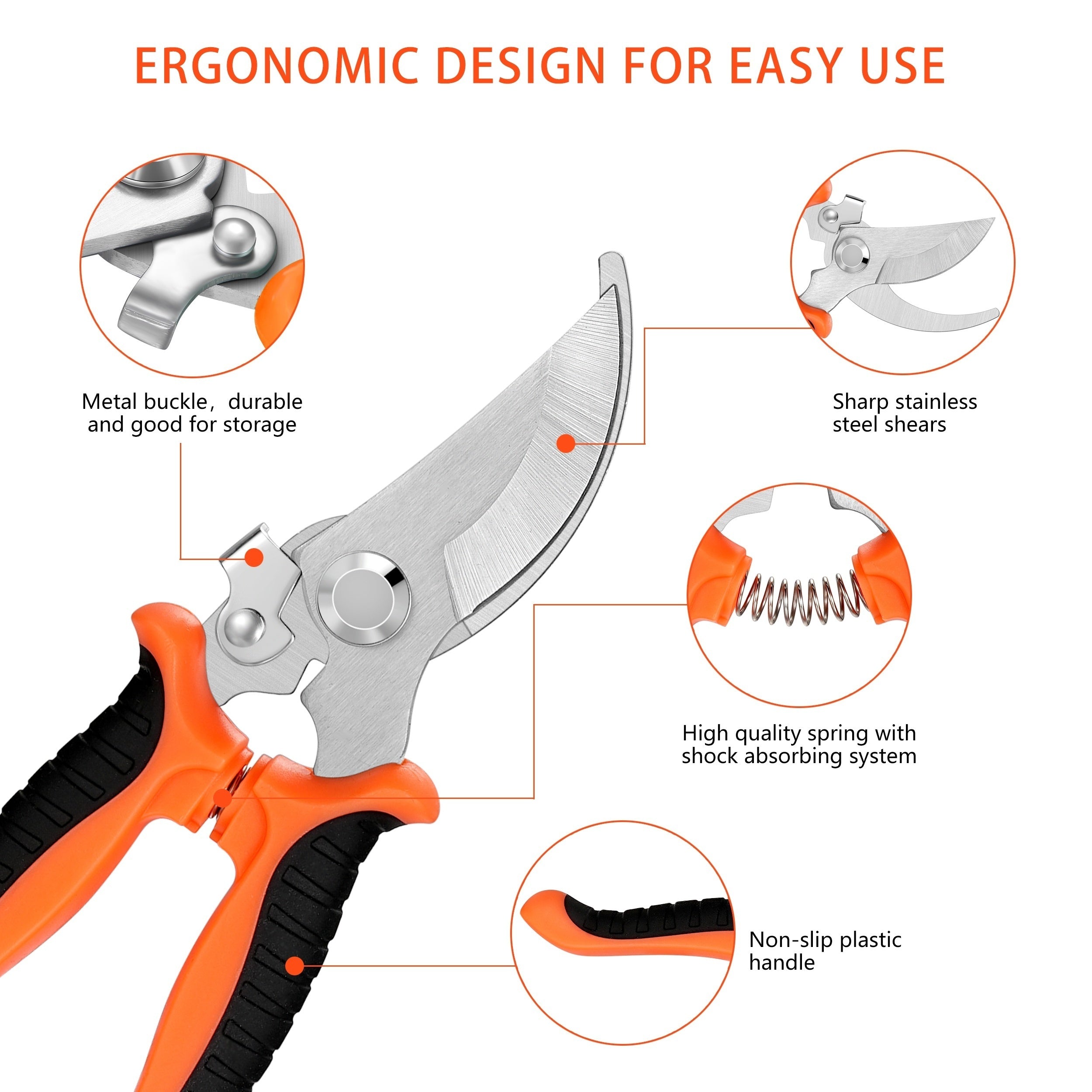 5pcs Heavy Duty Garden Pruning Shears Set with Stainless Steel Blades - Ambidextrous Handheld Scissors, Bypass & Secateurs, Includes Ergonomic Orange Handles and Storage Bag for Lawn and Tree Care