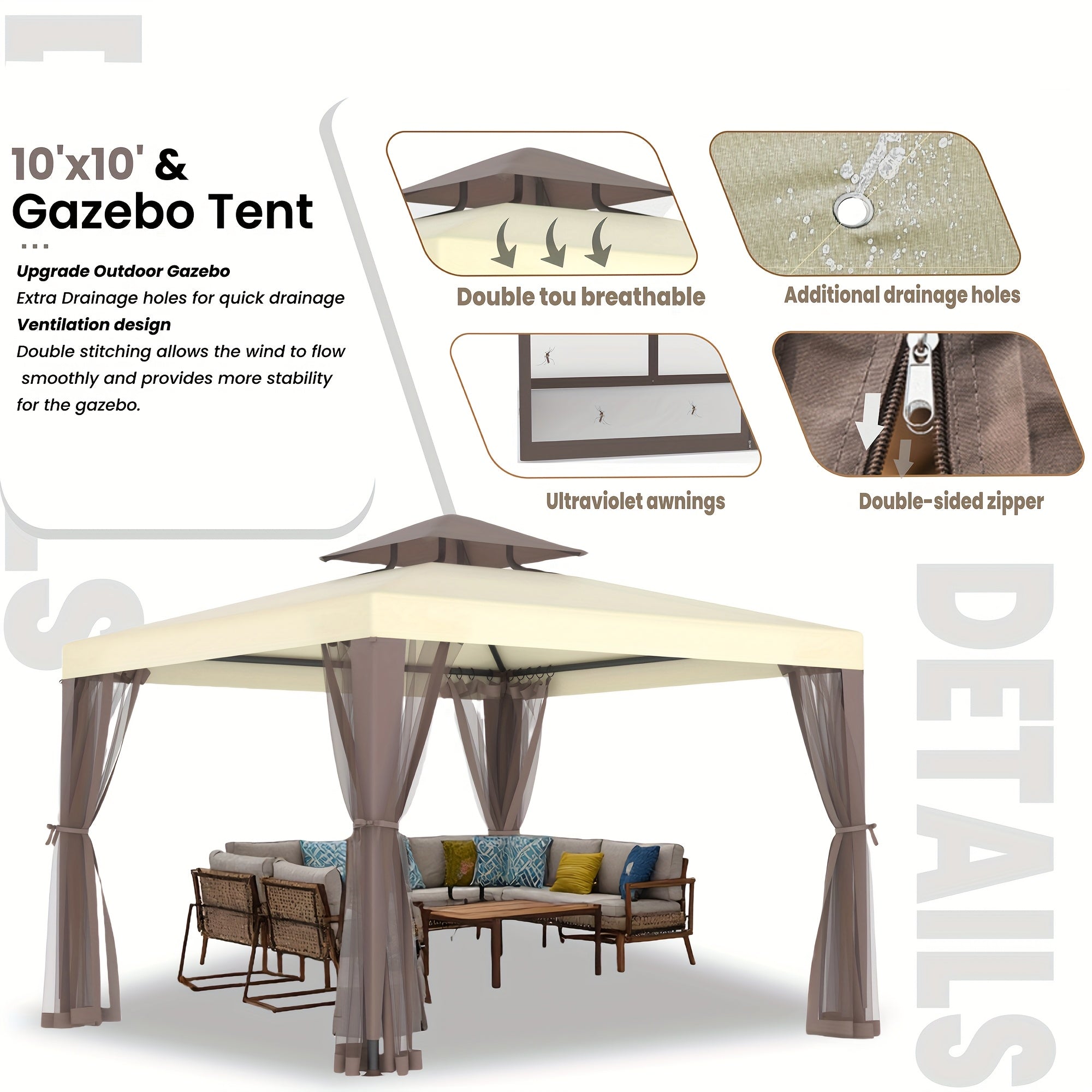 Patio Gazebo Tent Outdoor Canopy Shelter 10'x10' with Mosquito Netting with 100 Square Feet of Shade for Garden, Backyard Deck and Lawns, Party Canopy Gazebo Tent