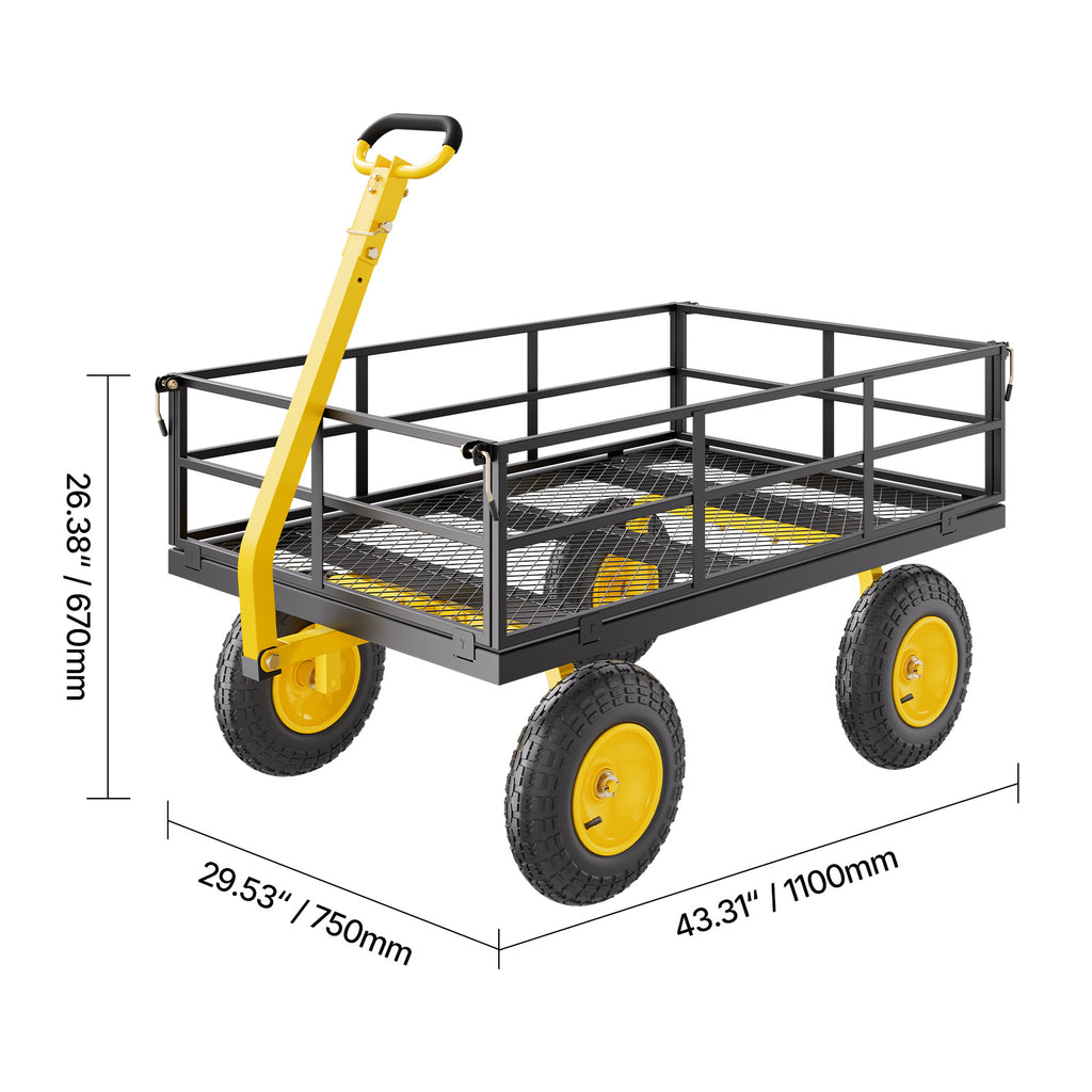 Vevor 500/1200/1400 Lbs Steel Garden Cart, Heavy Duty Pullable Cart with Wheels for Garden, Metal Yard Utility Wagon with 10" All Terrain Tires, Removable Mesh Sides and 180° Rotating Handle