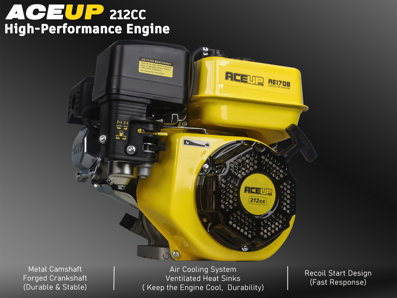 Aceup Energy 7HP 212cc - Gasoline Engine Horizontal Shaft - 4 Stroke OHV Gasoline Motor - Shaft 3/4" (19mm) Diameter Recoil Start - for Garden Irrigation, Draw Water, Trim the Lawn