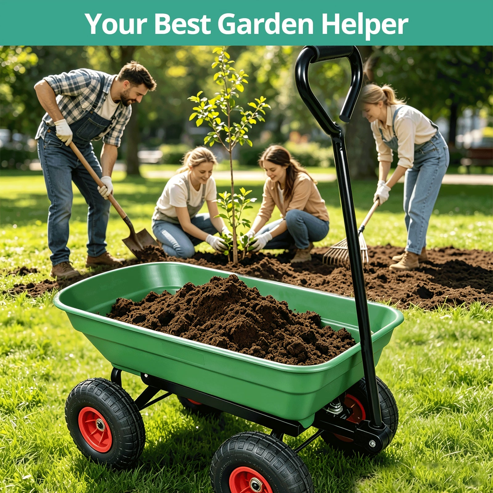 Gardening Supplies, Father's Day Gifts, Local Warehouse - Heavy Duty Garden Dump Cart with Steel Frame & Pneumatic Tires, 350 Lbs Capacity Rotating Dump Bed, All Terrain Utility Wagon for Lawn Yard Farm Outdoor Use