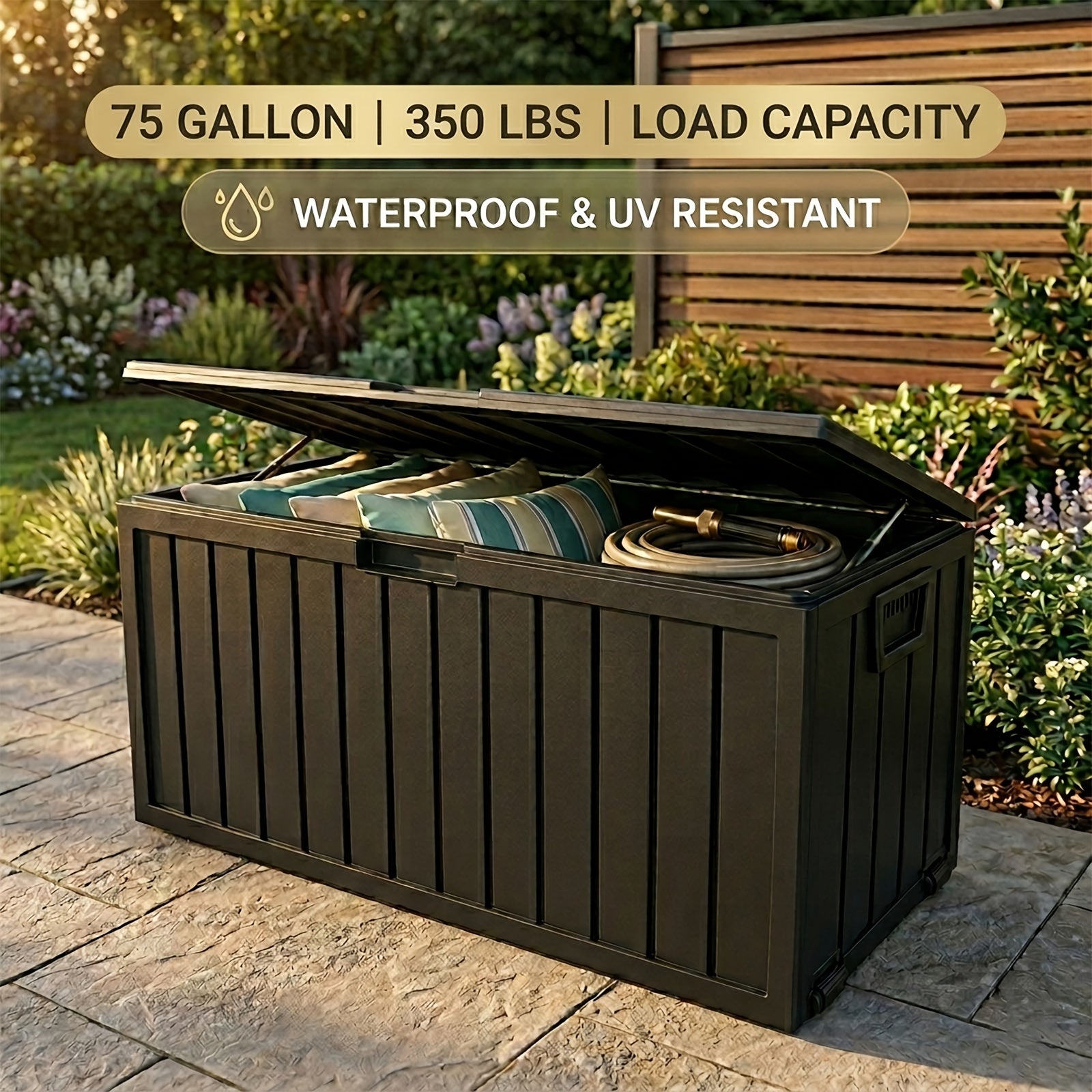 75 Gallon Waterproof Outdoor Storage Box with Handles And Wheels, Lockable Deck Box for Pool Accessories Patio Decor Garden Tools Camping Gear Holiday Gift, Easy to Assemble, Outside Cabinet Rack Toy Organization Containers, Box,Cabinet,Rack