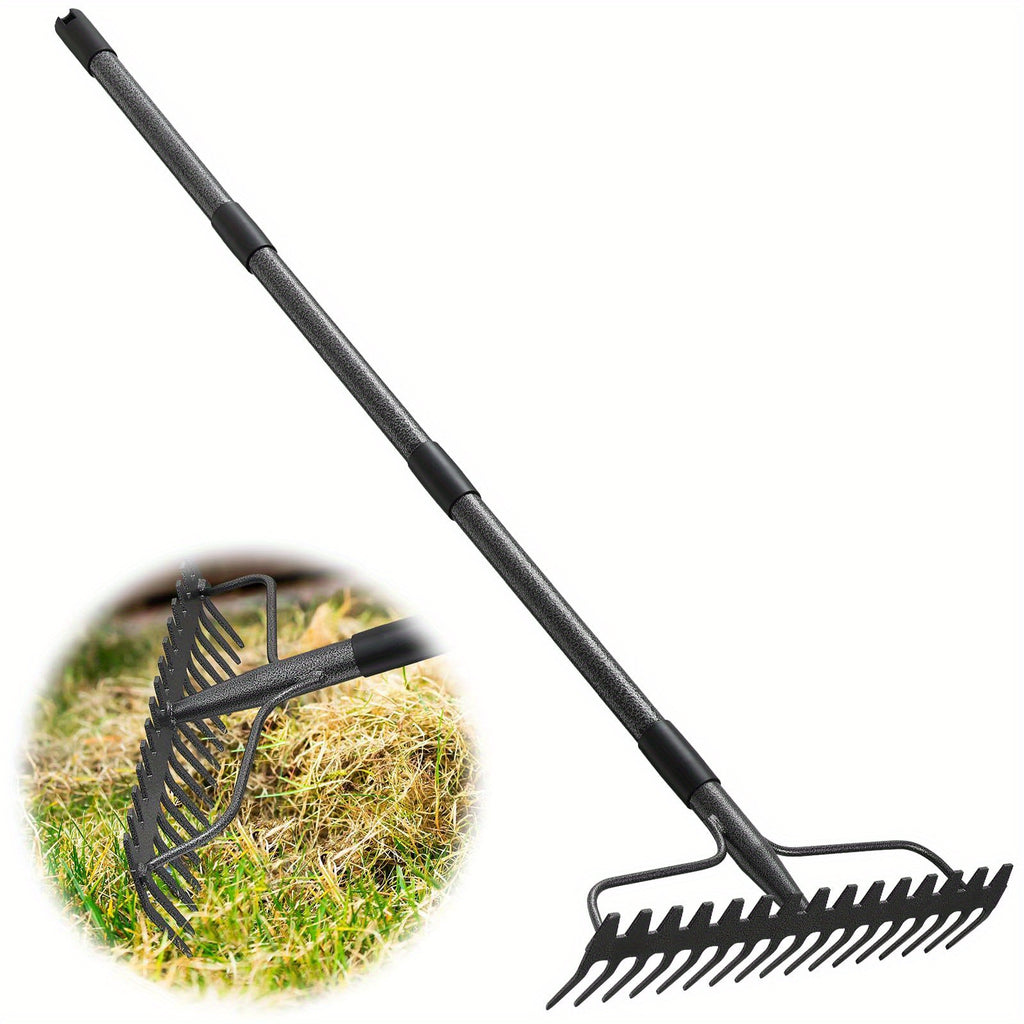 Heavy Duty Adjustable 49/63/77 Inch Garden Rake - 17-Tine Rustproof Metal Leaf Rake for Loosening Soil, Gathering Mulch, Leveling Rocks & Thatch - 17" Wide Yard Tool for Grass Care & Outdoor Maintenance