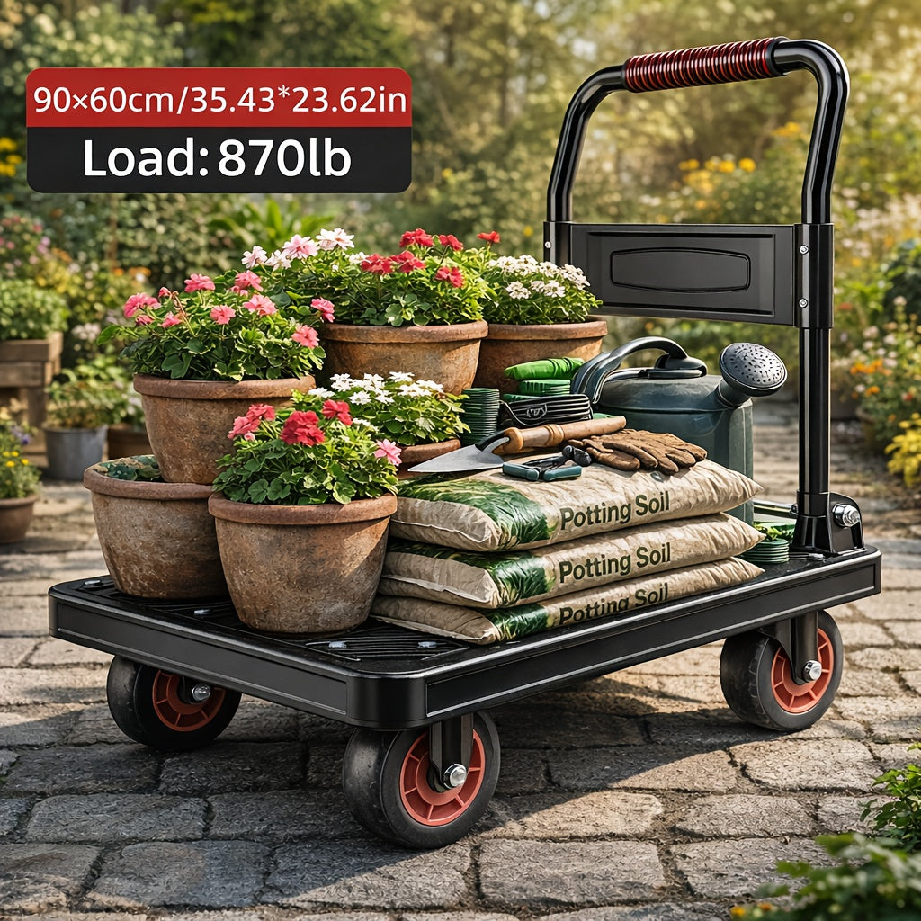 Heavy Duty Garden Cart with Folding Handle, 4 Wheel Outdoor Utility Platform Wagon for Plants, Soil And Yard Work