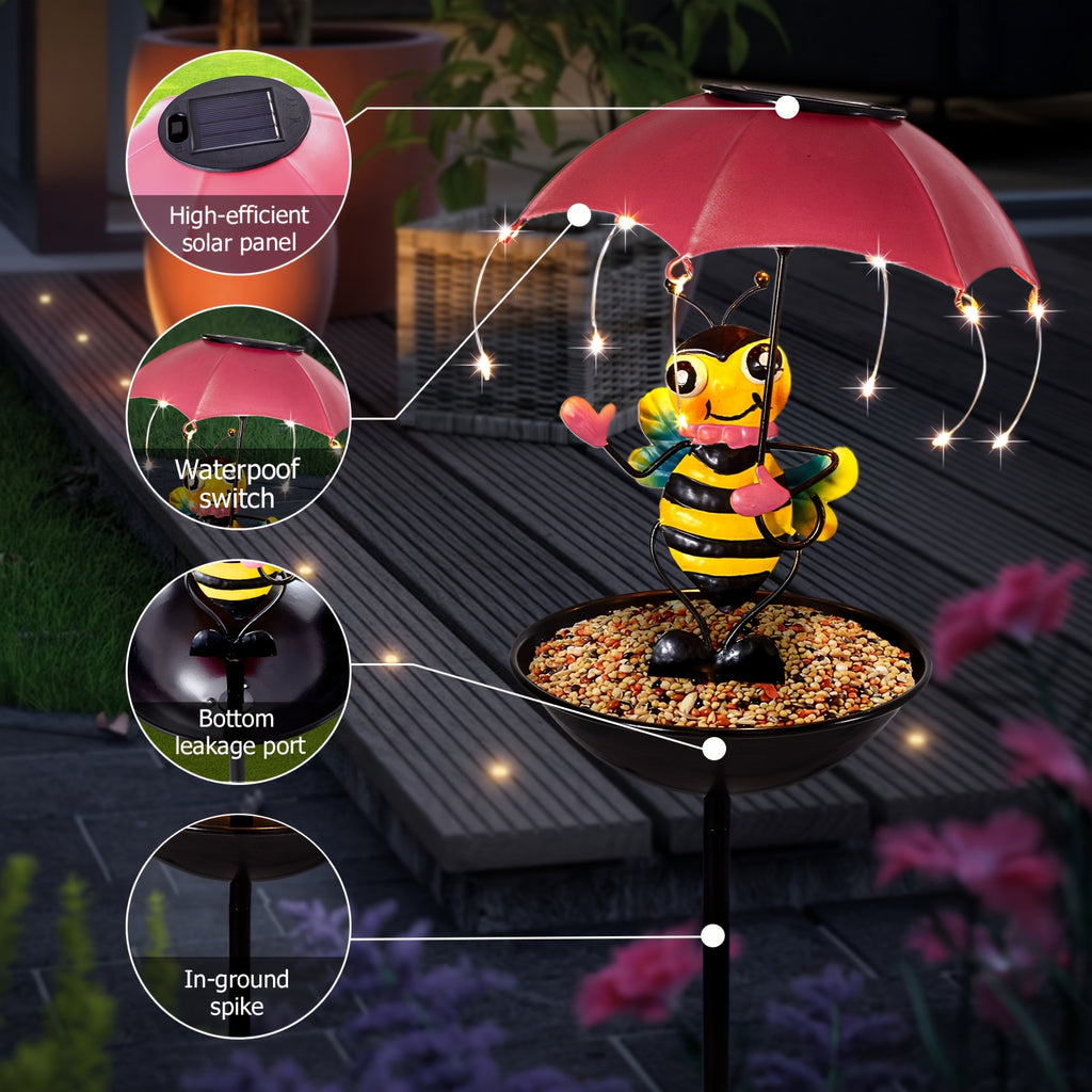 36.2 Inch Iron Bee Figurine for Home Decoration, Collectible Patio Ornaments, Solar LED String Lights, Includes Bird Feeder Feature, Perfect for Father'S Day, Thanksgiving, Christmas Gifts, Ideal for Lawn, Patio, And Garden