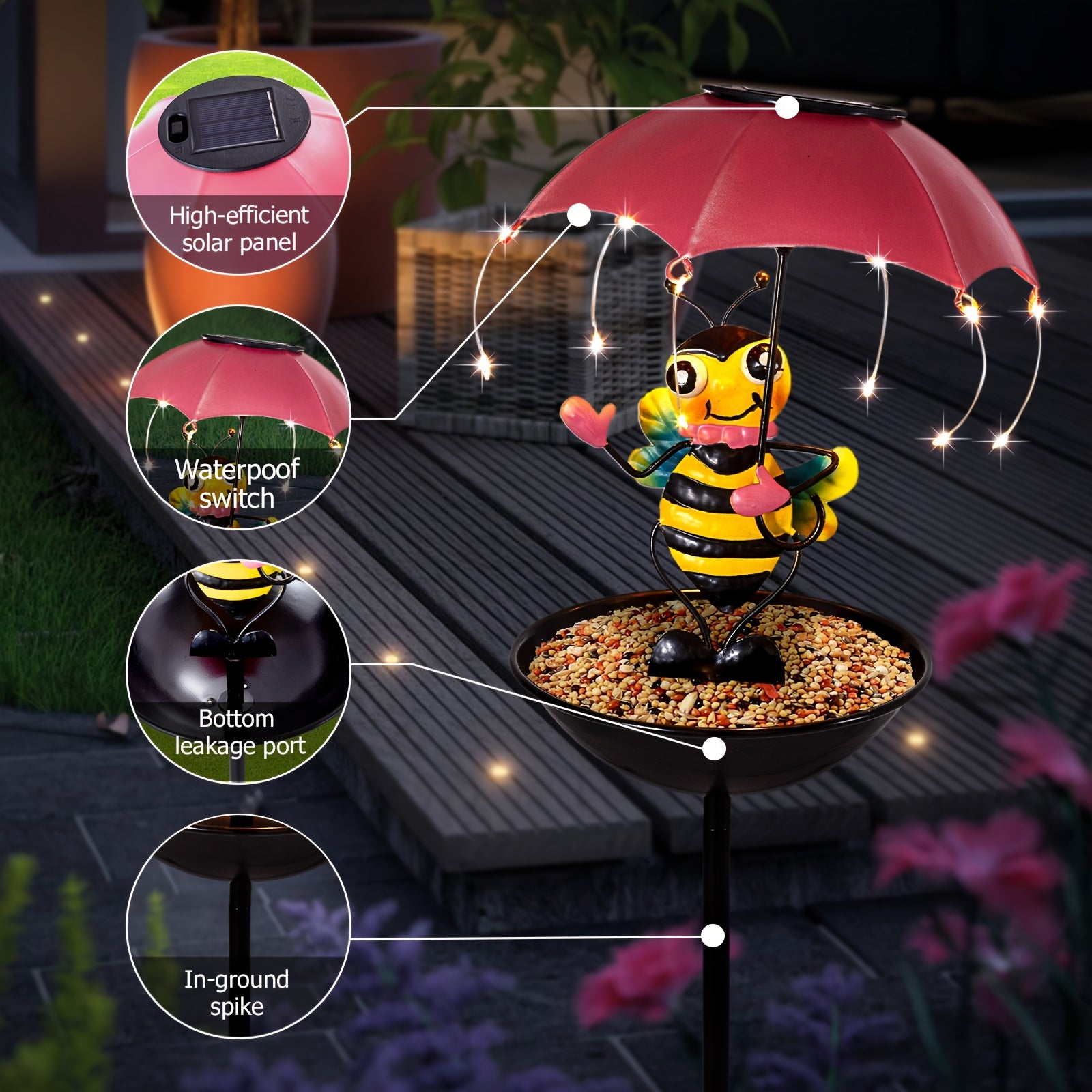 36.2 Inch Iron Bee Figurine for Home Decoration, Collectible Patio Ornaments, Solar LED String Lights, Includes Bird Feeder Feature, Perfect for Father'S Day, Thanksgiving, Christmas Gifts, Ideal for Lawn, Patio, And Garden