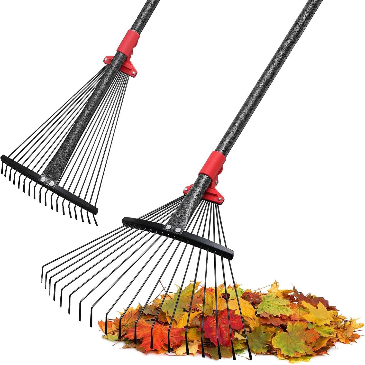 Leaf Rakes Designed for Gardens, Featuring Adjustable Sizes And a Sturdy Metal Construction with 18 Tines That Resist Clogging. The Rake Head Can Collapse from 9 to 17 Inches, And It Comes with a 6-Foot Long Handle, Making It Ideal for Yard Work