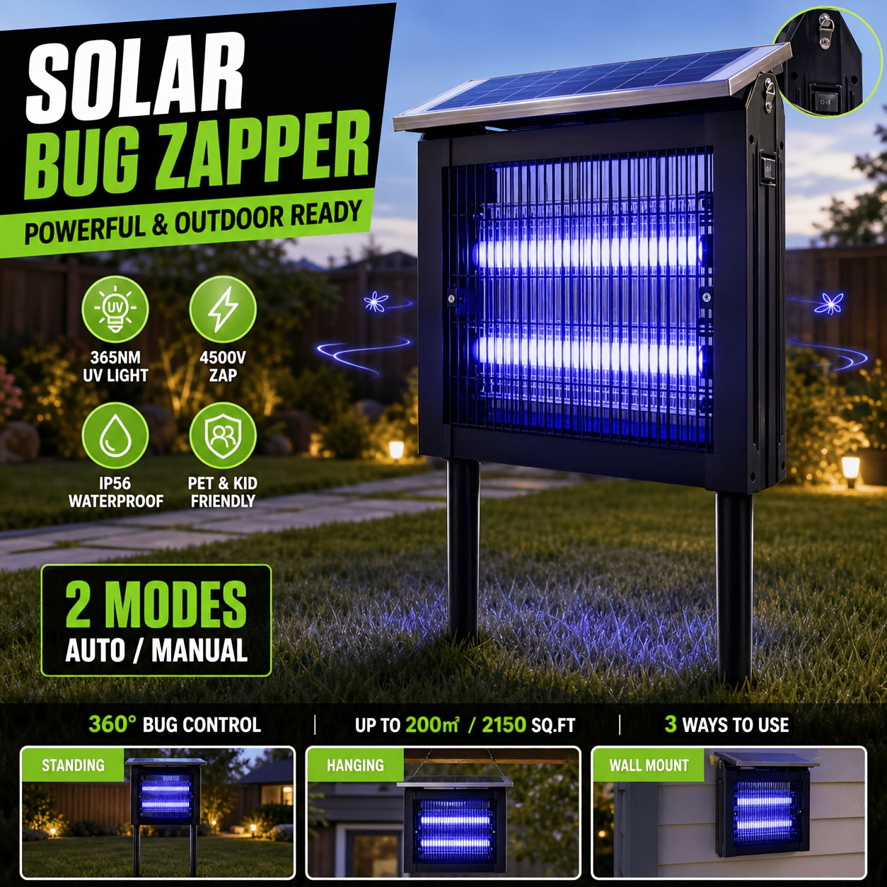Powerful Large Solar Bug Zapper Outdoor for 2000Sq.ft, Poartable Rechargeable Mosquito Zapper with High Powered, IP56, 2 Modes, Cordless Solar Fly Zapper for Patio Garden Backyard RV Camping Pond Pest Control