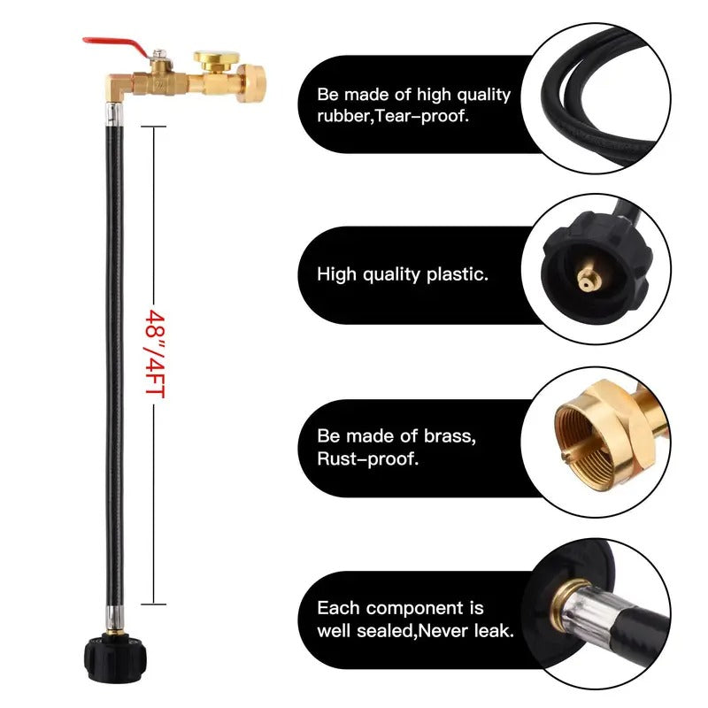 4ft/48'' Propane Refill Adapter Hose with Gauge Propane Tank Refill Adapter Extension Hose for 1LB Propane Gas Tanks with ON/Off Control Valve 1lb Propane Tank Refill Adapter Kit with Safety Shutoff Valve Easily Fill 1lb Bottles from 20lb Tank