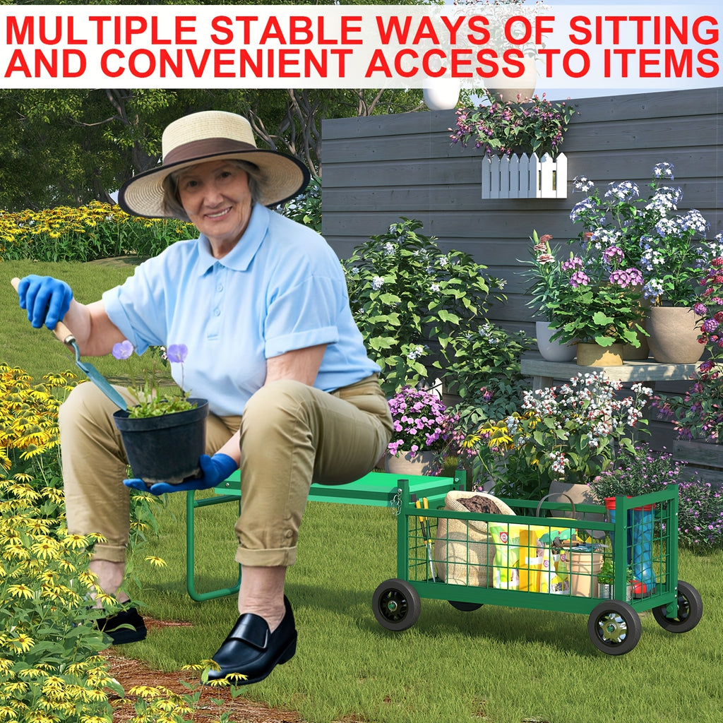 Wheeled Garden Work Seat Cart, Upgraded Heavy-Duty Gardening Cart with Seat, Two-Sitting Positions Garden Cart, Gardening Tool Storage, Ergonomic Design, No Electricity Needed, Suitable for Gardening Workers and Enthusiasts, Middle-Aged and Elderly, Men,