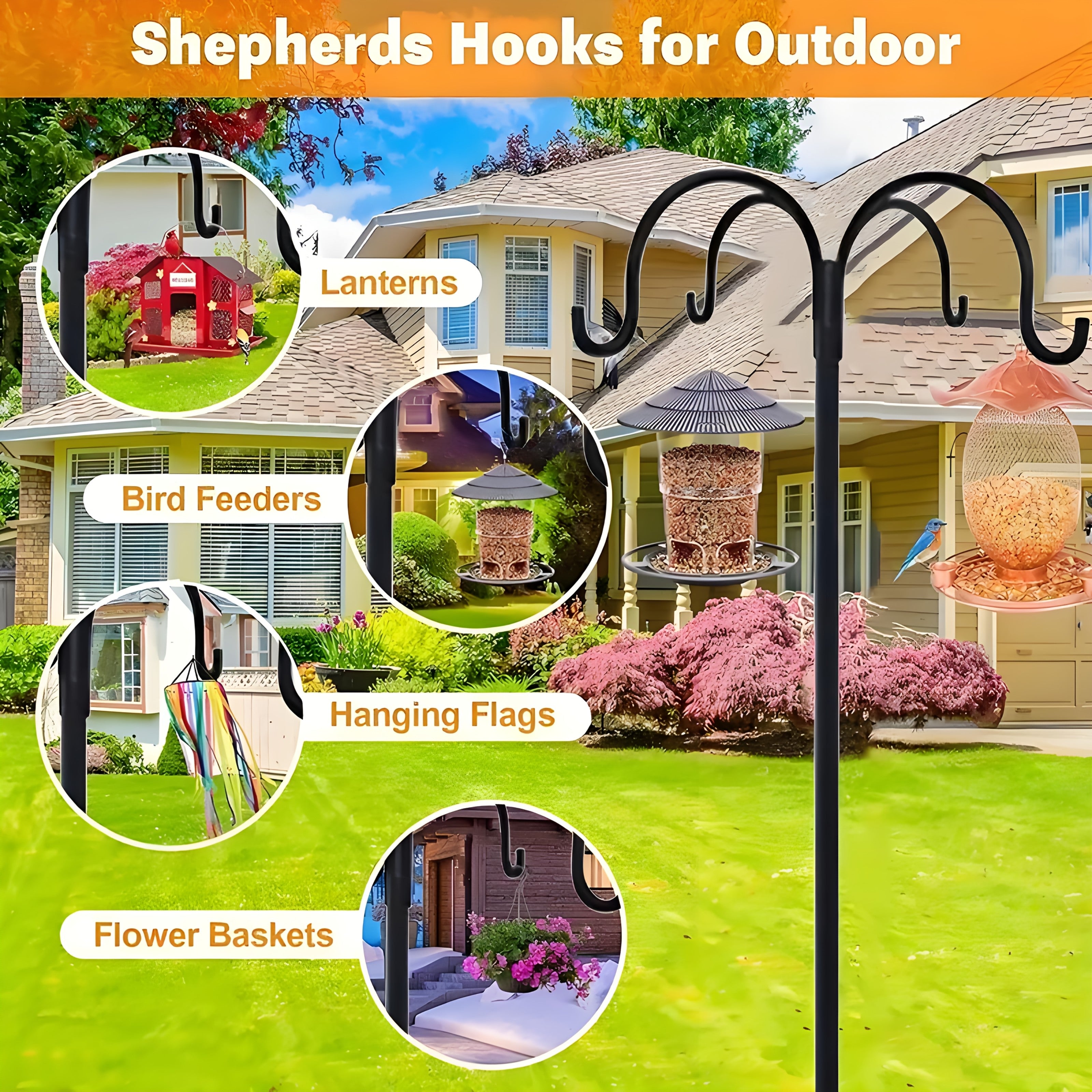 Pro 88"/80.9in Shepherd Hook - Windproof Anti-Tip Base & 4 Heavy-Duty Hooks (for Planters, String Lights, Wedding Arch Decor)