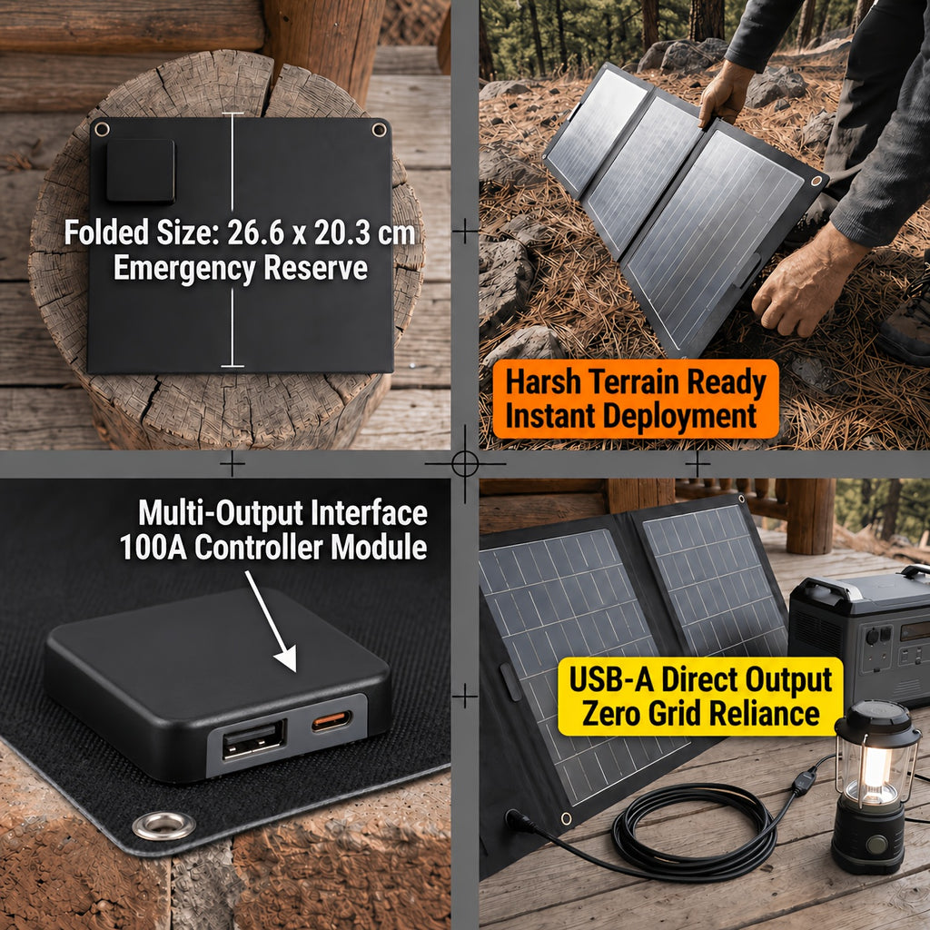 100A High Current Controller Foldable Solar Charging Panel USB-A Charge Multiple Output Emergency Power Backup for Portable Power Station Generator Laptop Tablet Home Disaster Reserve