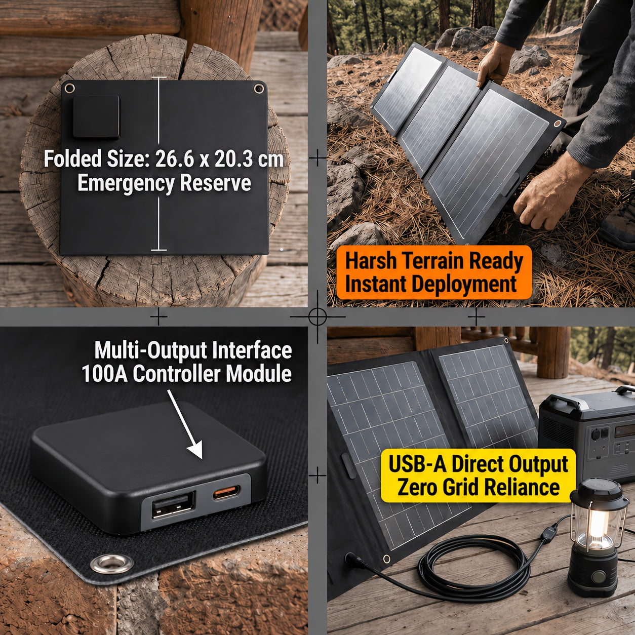 100A High Current Controller Foldable Solar Charging Panel USB-A Charge Multiple Output Emergency Power Backup for Portable Power Station Generator Laptop Tablet Home Disaster Reserve