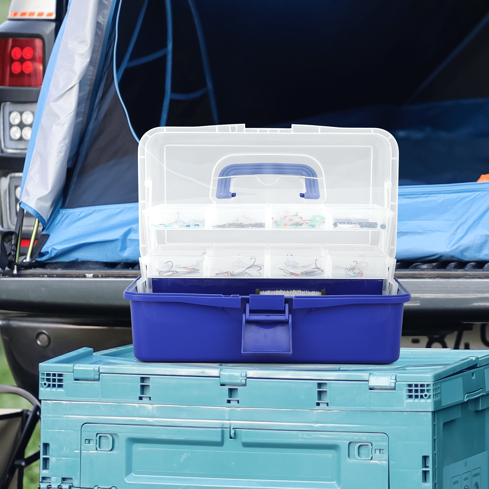 MoNiBloom Portable Tackle Box Organizer with Handle, 3-Layer Compartment Plastic Storage Tool Box Waterproof Container Case for Fishing Tackles, Makeup, Hair Accessories