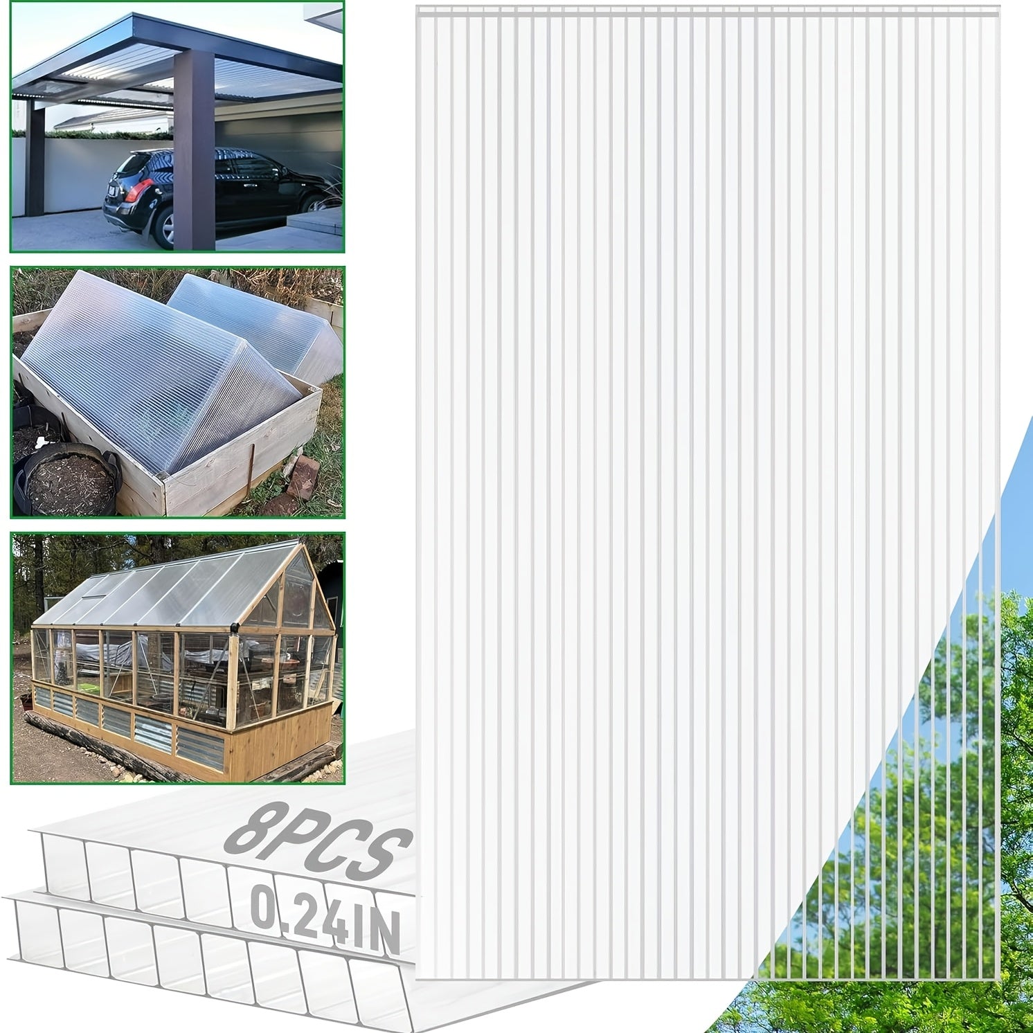 8/15pcs Polycarbonate Greenhouse Panels, 4ft X 2ft Twin-Wall Polycarbonate Sheets, Greenhouse Replacement Panels All Weather Clear Roof Panels(0.16/0.24/0.32inch)