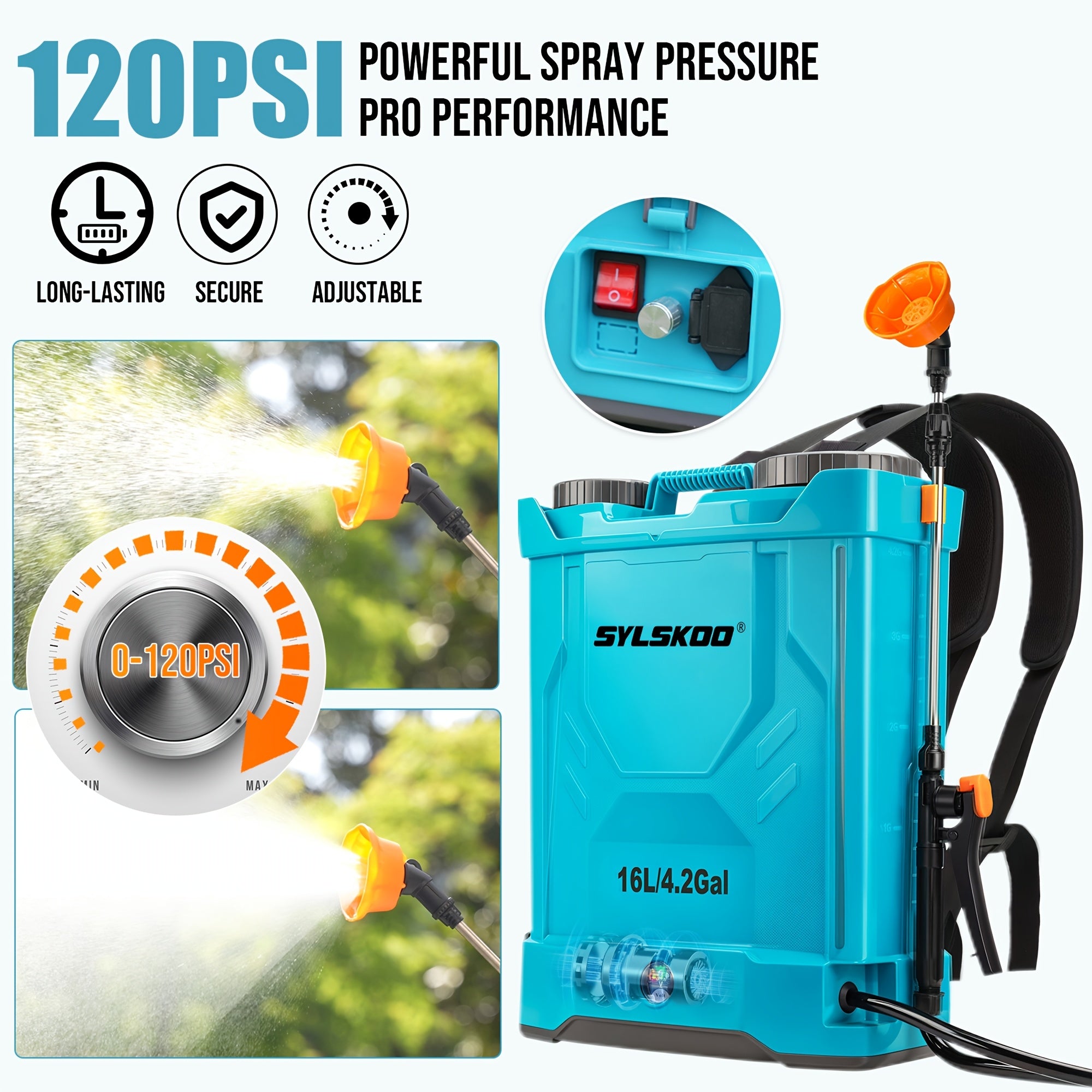 4 Gallon Battery Powered Backpack Sprayer, 0-120 PSI Adjustable Pressure Sprayer With 4000MAH Lithium Battery 12V Powerful Motor, 5 Nozzles With Telescopic Wand, Garden Weed Yard Lawn Sprayer