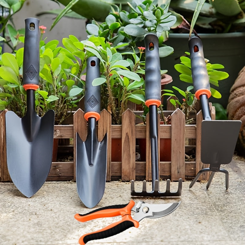 5pcs Gardening Tool Set with Anti-Slip Rubber Handle | Heavy-duty, Sturdy and Durable, Classic and Practical, Includes 2 Shovels, Rakes, Plowing and Transplanting Tools, Rust Proof Iron Tools, Rubber Grip