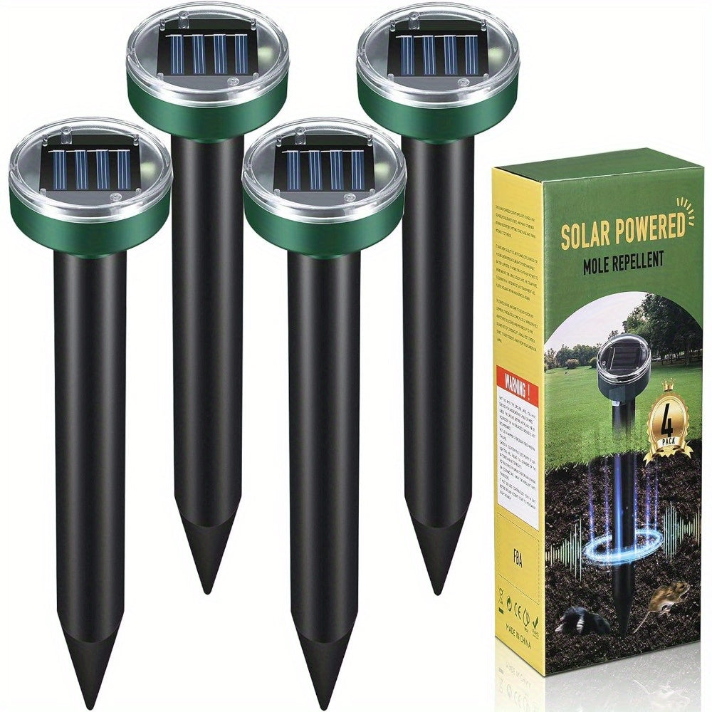 4 Pack Mole Repellent Solar Powered Gopher Repellent Ultrasonic Solar Powered Sonic Mole Deterrent Stakes Snake Groundhog Repellent for Yard Garden Lawn