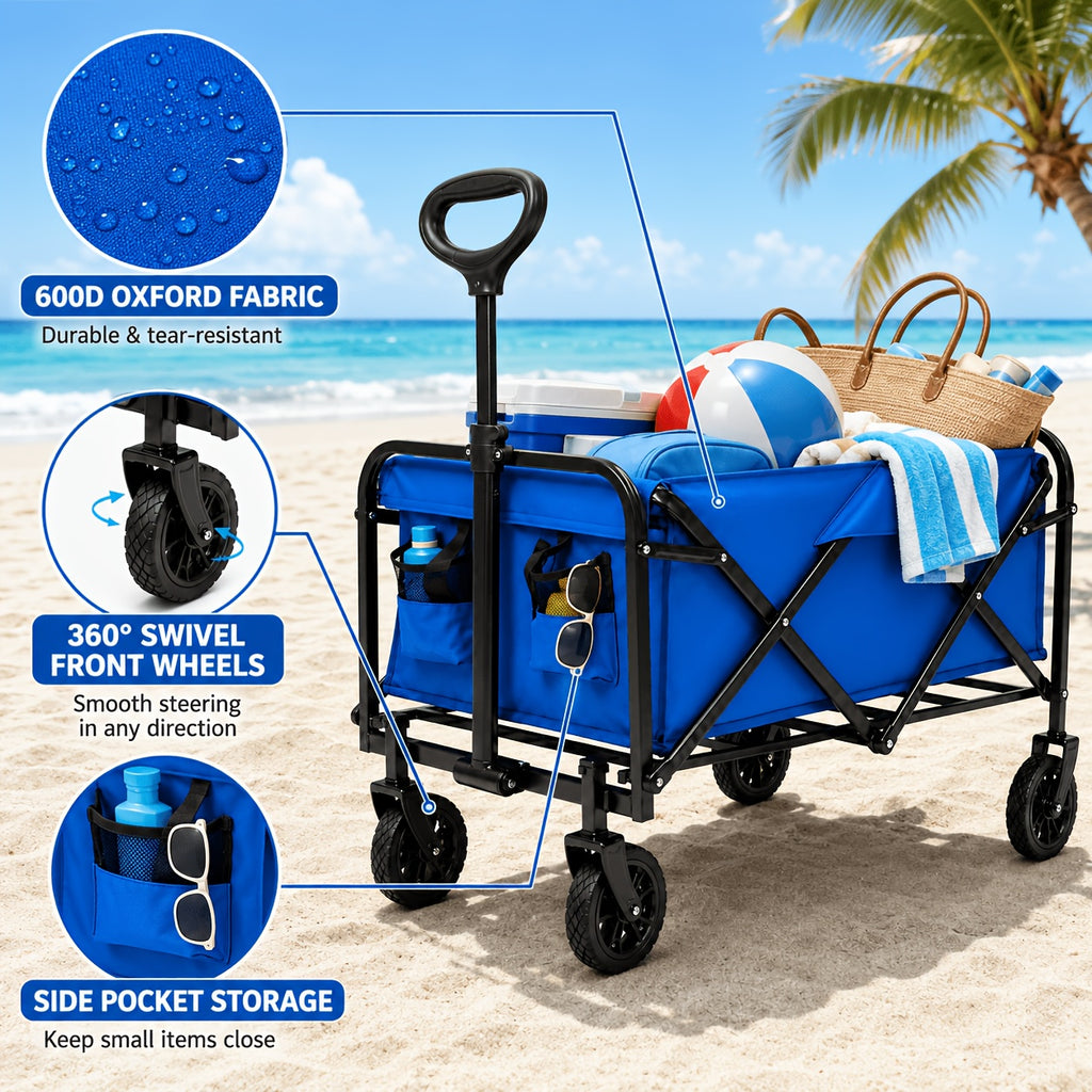 Heavy-Duty Extra Long Collapsible Wagon Cart - 480 Lbs Capacity Foldable Utility Cart with 360° Swivel Wheels, -Terrain Suitable for for Outdoor, Beach, Camping, Garden, Grocery Hauling, Cargo Cart ( 600D Oxford Fabric)
