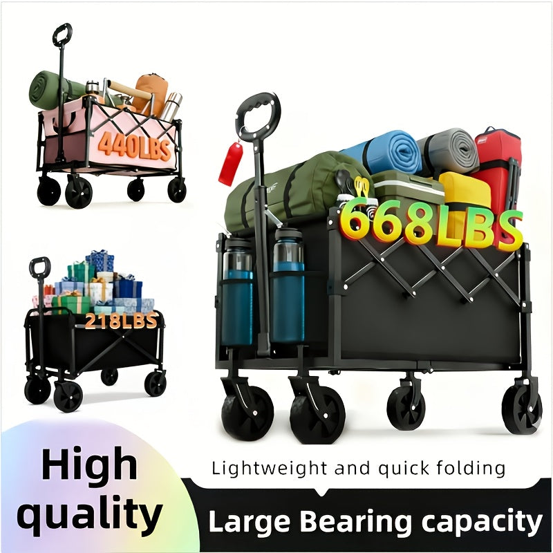 Heavy-Duty Collapsible Handcart with a Stainless Steel Frame And 600D Oxford Fabric, Equipped with All-Terrain Wheels, Ideal for Camping, Gardening, Beach Outings, Shopping, And Transporting Goods. It Features Compact Storage And a Robust Design