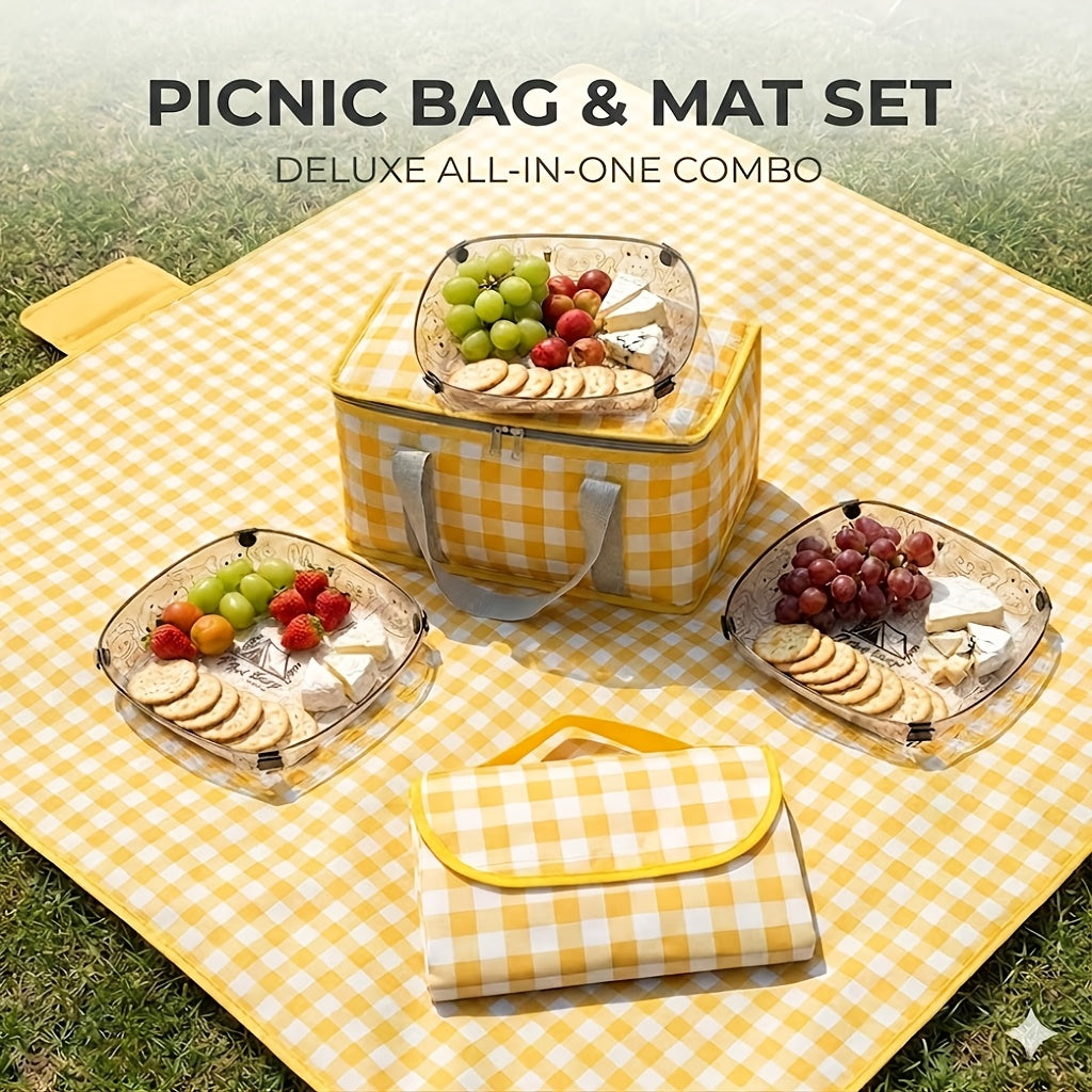 Picnic Bag & Mat Set, Deluxe Insulated Leakproof Large Capacity Cooler Bag, Waterproof Foldable Picnic Blanket, All-in-One Outdoor Supplies for Camping Hiking Beach Travel BBQ Family Party Non-Food Direct Contact