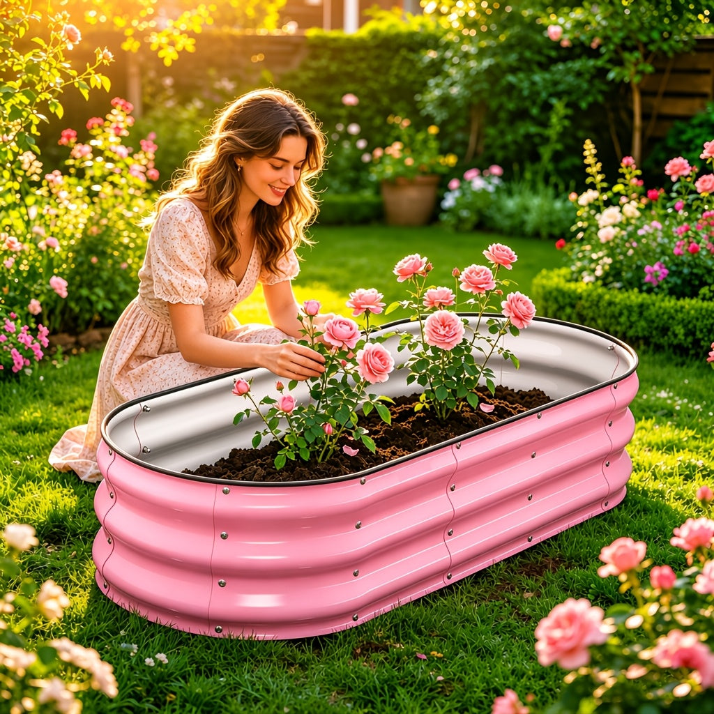 5×2×1ft Blush Pink Galvanized Metal Raised Garden Bed Set, Large Planter Box with Safety Rolled Edges, Outdoor Raised Planting Bed for Vegetables, Flowers & Fruit Trees