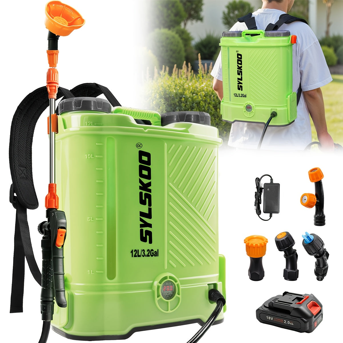 3.2 Gallon Backpack Sprayer Battery Powered, 0-80 PSI Adjustable Pressure Sprayer Compatible with 18V Battery, Electric Sprayer with Steel Telescopic Spray Wand, 5 Nozzles, 2.0Ah Battery&Charger Included