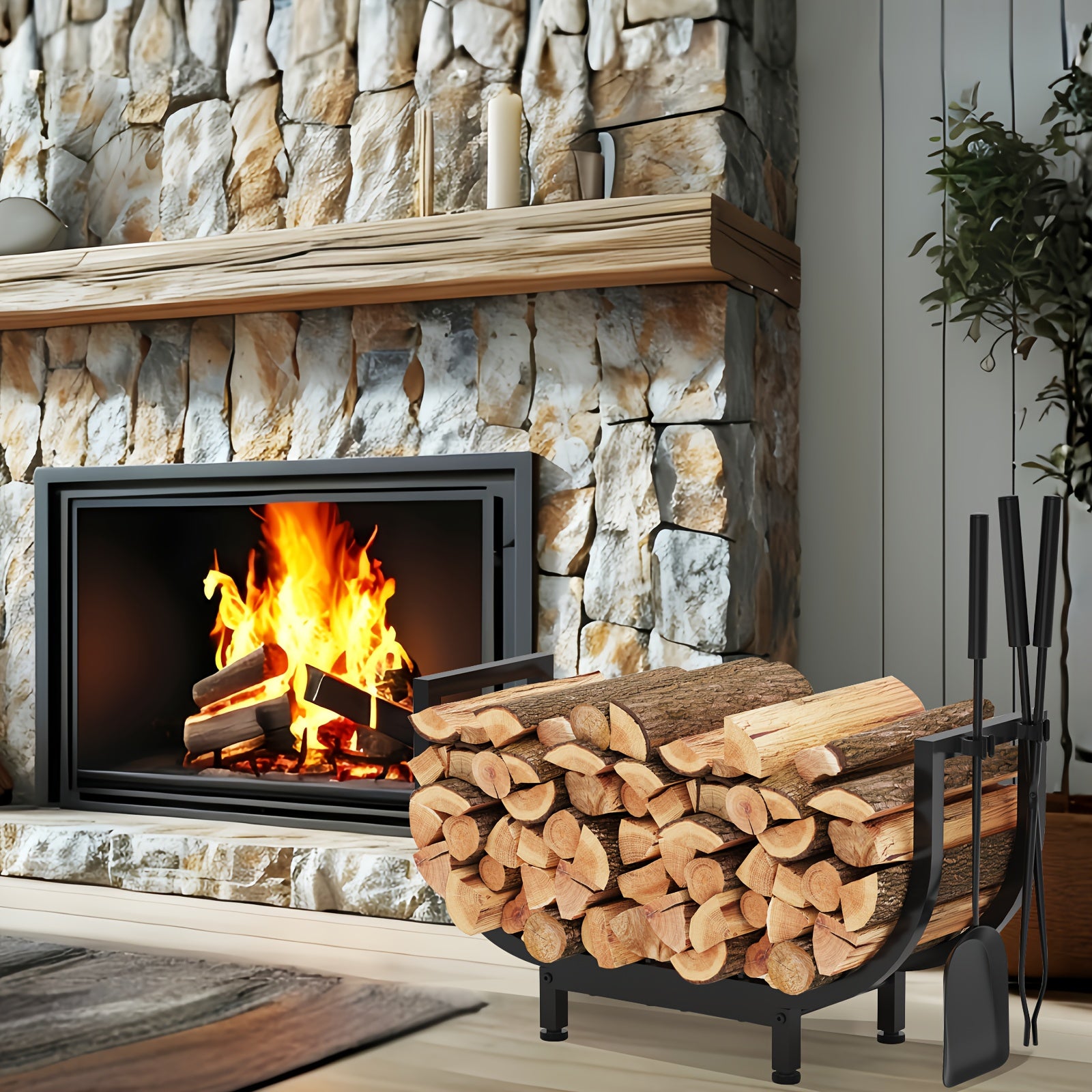1pc Polished Metal Firewood Rack, Multipurpose Log Storage Holder, Space Saving, Easy to Assemble, Indoor Fireplace Outdoor Patio Stove Wood Storage Organizer