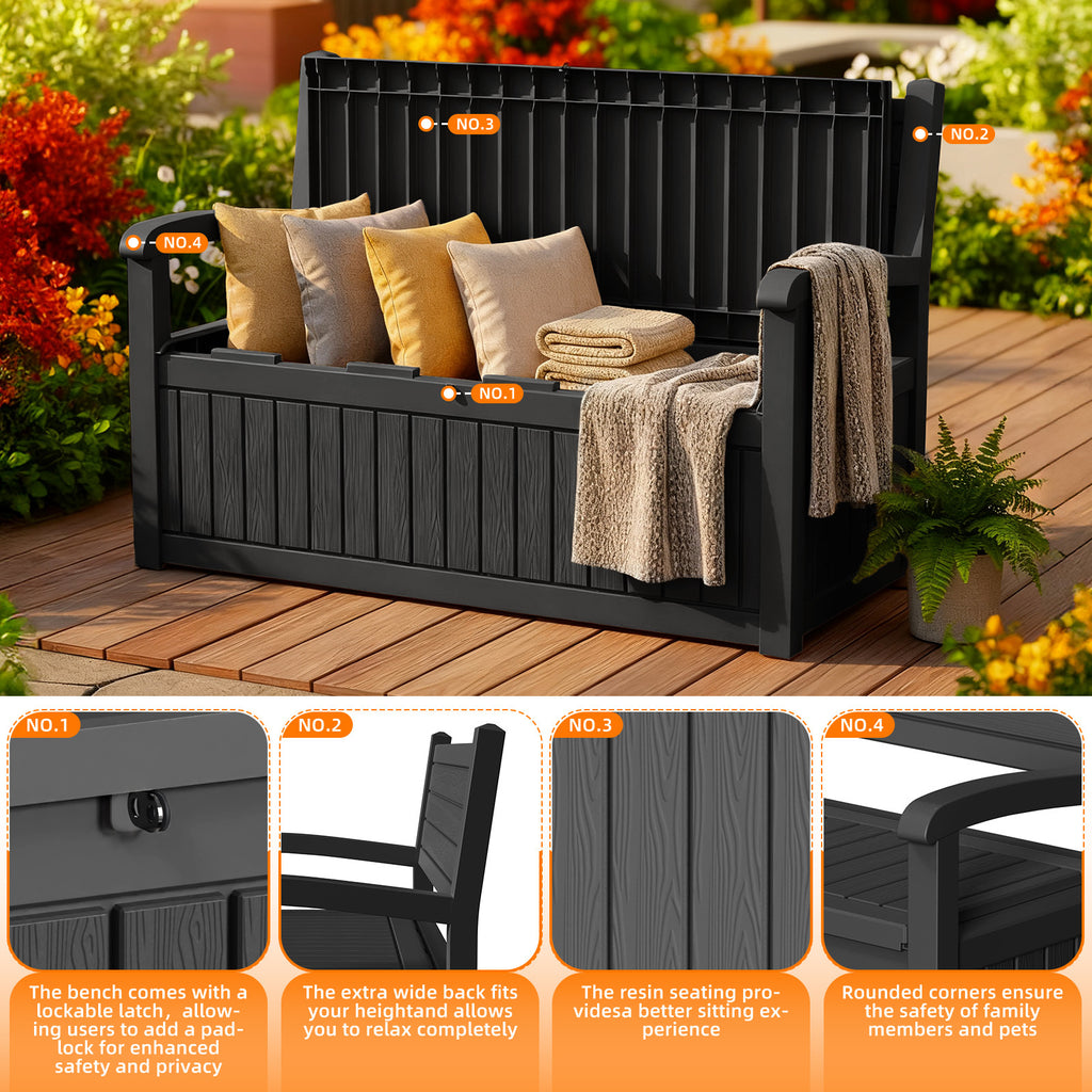 Heavy Duty 80 Gallon Resin Wood Grain Indoor/Outdoor Storage Bench Seating - 500 Lb Comfortable Waterproof Deck Box for Spring Patio Summer Garden Cushions Tools & Backyard Organization