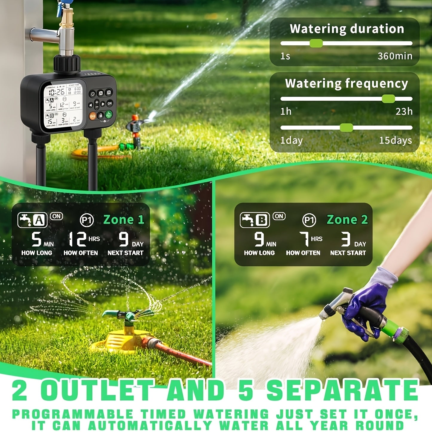 Garden Hose Watering Timer - Water Timer with 2 Outlets - Rain Delay/Manual Watering/Automatic Irrigation Control System Hose Timer for Plants, Gardens, Lawns and Outdoors Programmable Faucet Timer