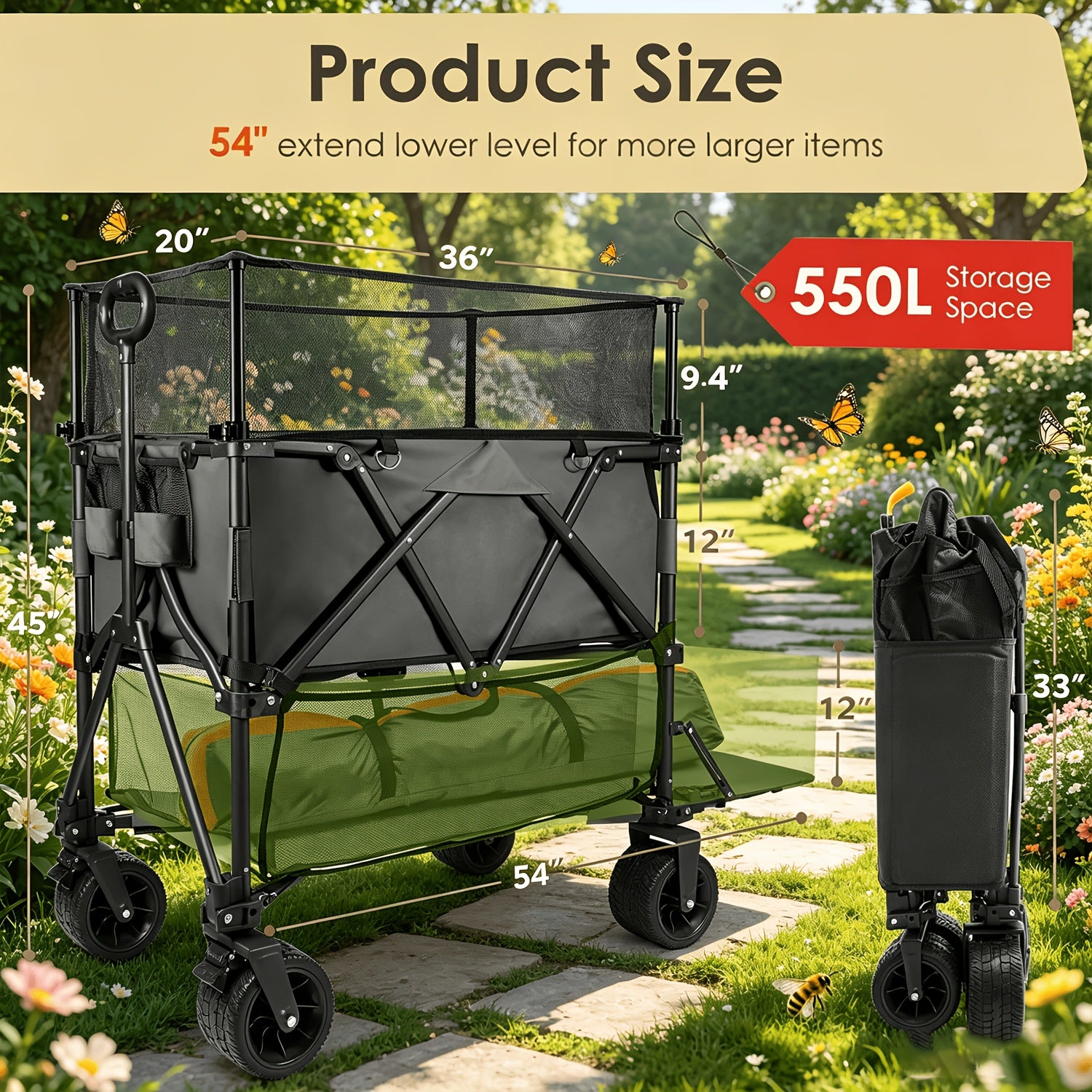 XXL Foldable Double Deck Wagon Cart, 54in Extended Size Collapsible Utility Cart with Tailgate, 8in All-Terrain Large Wheels, Heavy Load Capacity for Camping Beach Sports Grocery