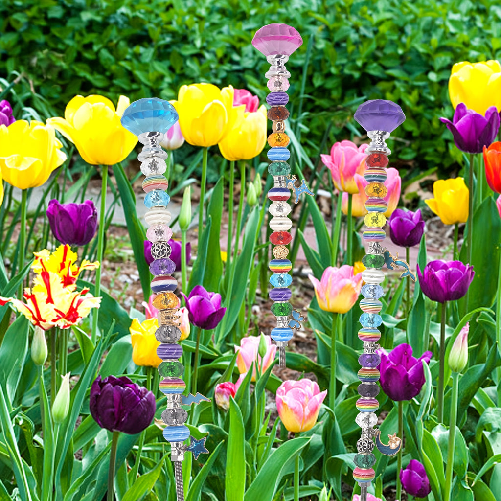 129pcs Garden Stakes Decorative Beaded Garden Stakes with Crystal Stopper Top Round Glass Bead Silver Bail Bead with Pendant Silver Bead for Outdoor Decoration