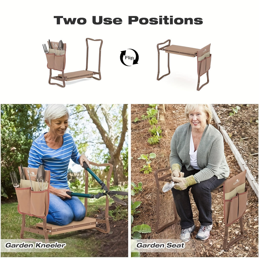 Garden Kneeler And Seat, Foldable Bench Stool with Tool Pouch And Garden Gloves, Thicken And Wide Soft EVA Seat for Gardening, Brown