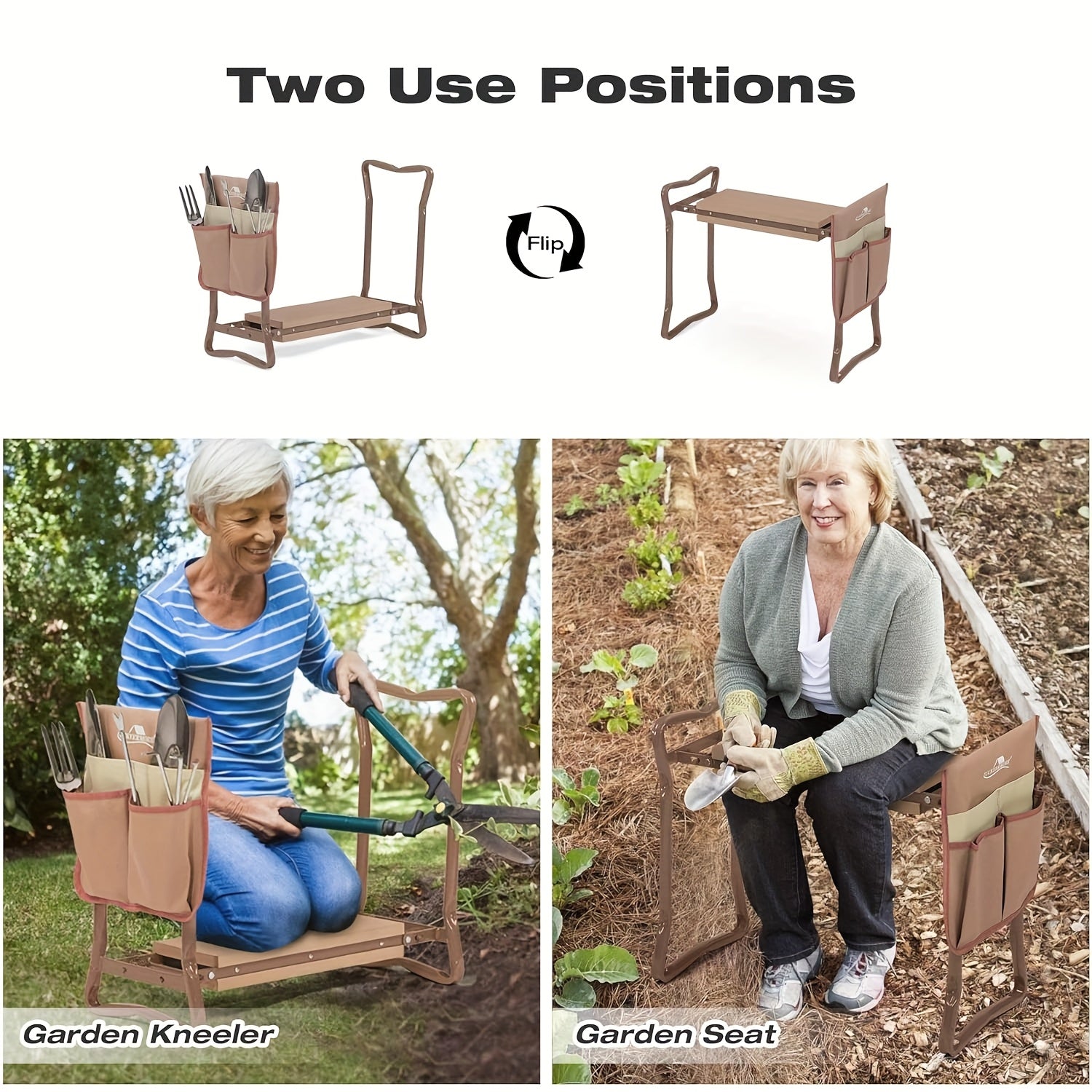 Garden Kneeler And Seat, Foldable Bench Stool with Tool Pouch And Garden Gloves, Thicken And Wide Soft EVA Seat for Gardening, Brown