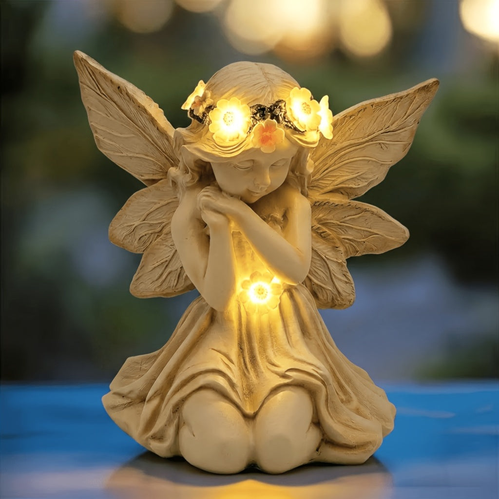 Solar Angel Garden Statue, Outdoor Lawn Decor Figurine Light, Resin Flower Sculptures with LED Lights, Art Housewarming Ornament Gift for Yard Fairy Backyard Lawn Patio Porch Balcony