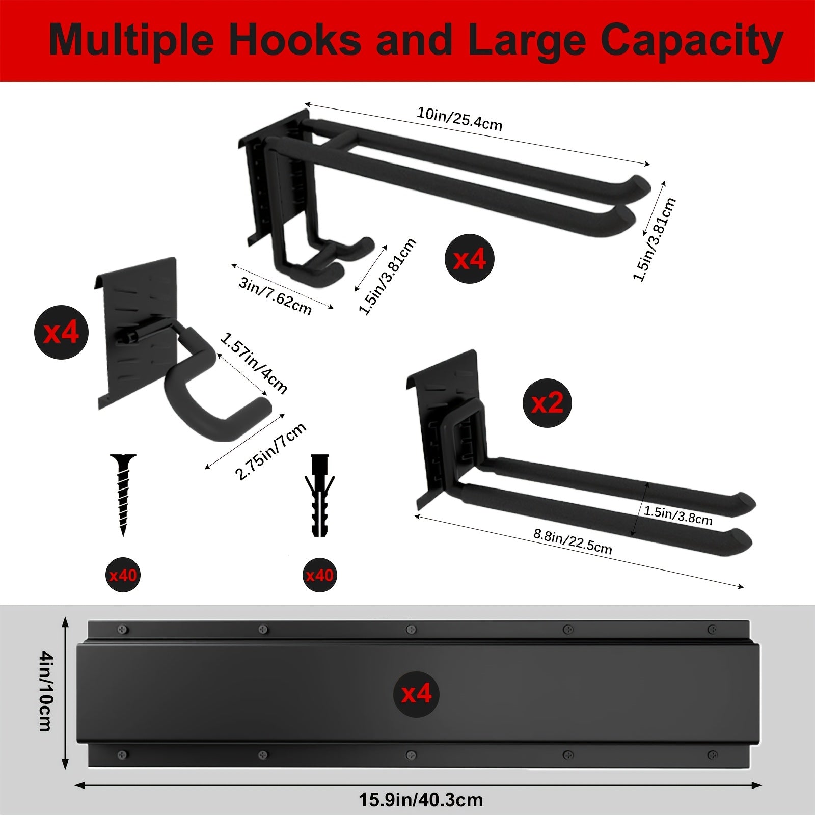 Wall-Mounted Organizer for Garage Tools, a System for Holding Garden Tools with 4 Rails Measuring 64 Inches And 10 Heavy-Duty Adjustable Hooks for Hanging And Storage, Capable of Supporting Up to 500 Pounds
