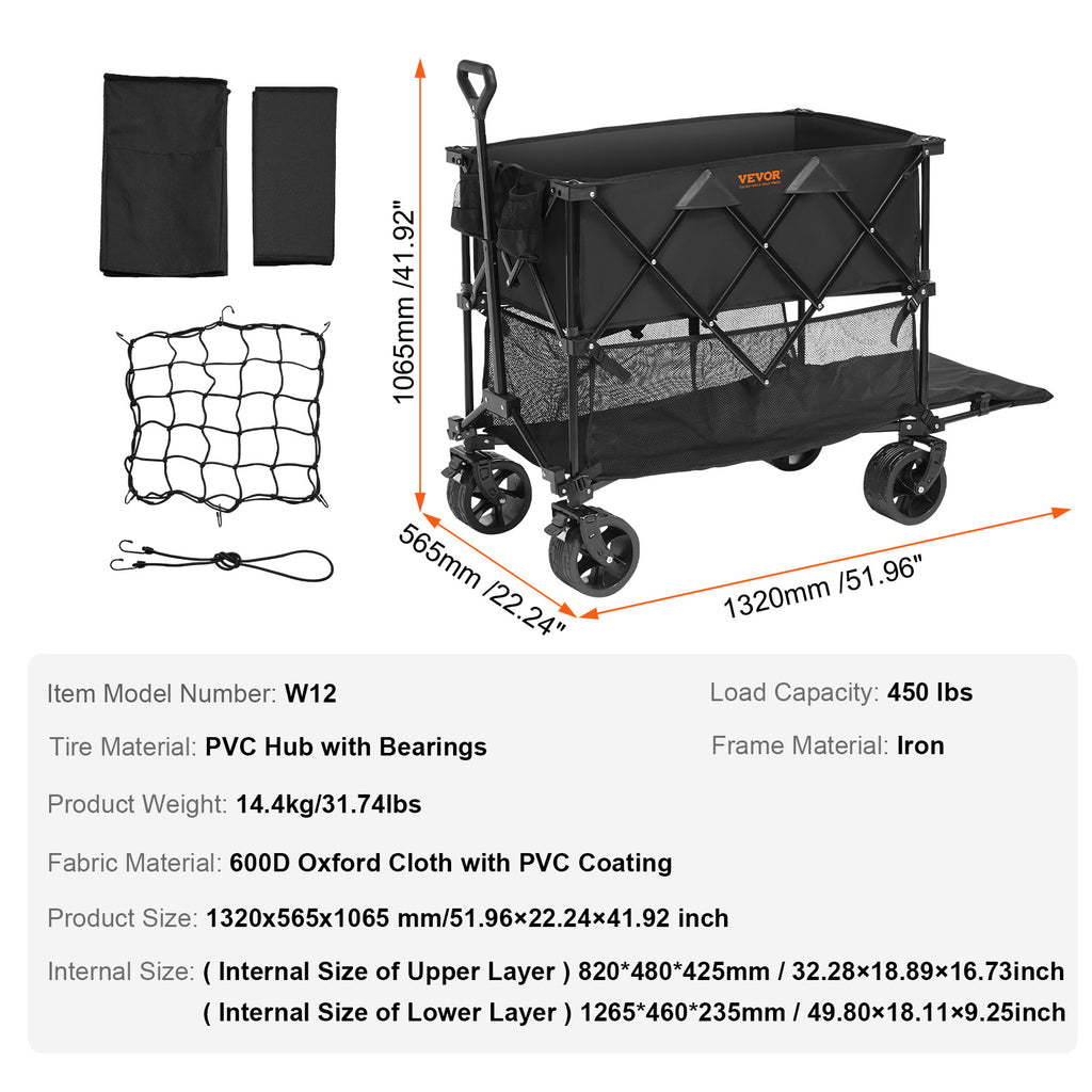 VEVOR 400L Large Collapsible Double Decker Wagon Cart, 50in-Long Extended Heavy Duty Beach Wagon with Big Wheels for Sand, 450lbs Capactiy Folding Wagon for Sports Grocery Camping Garden