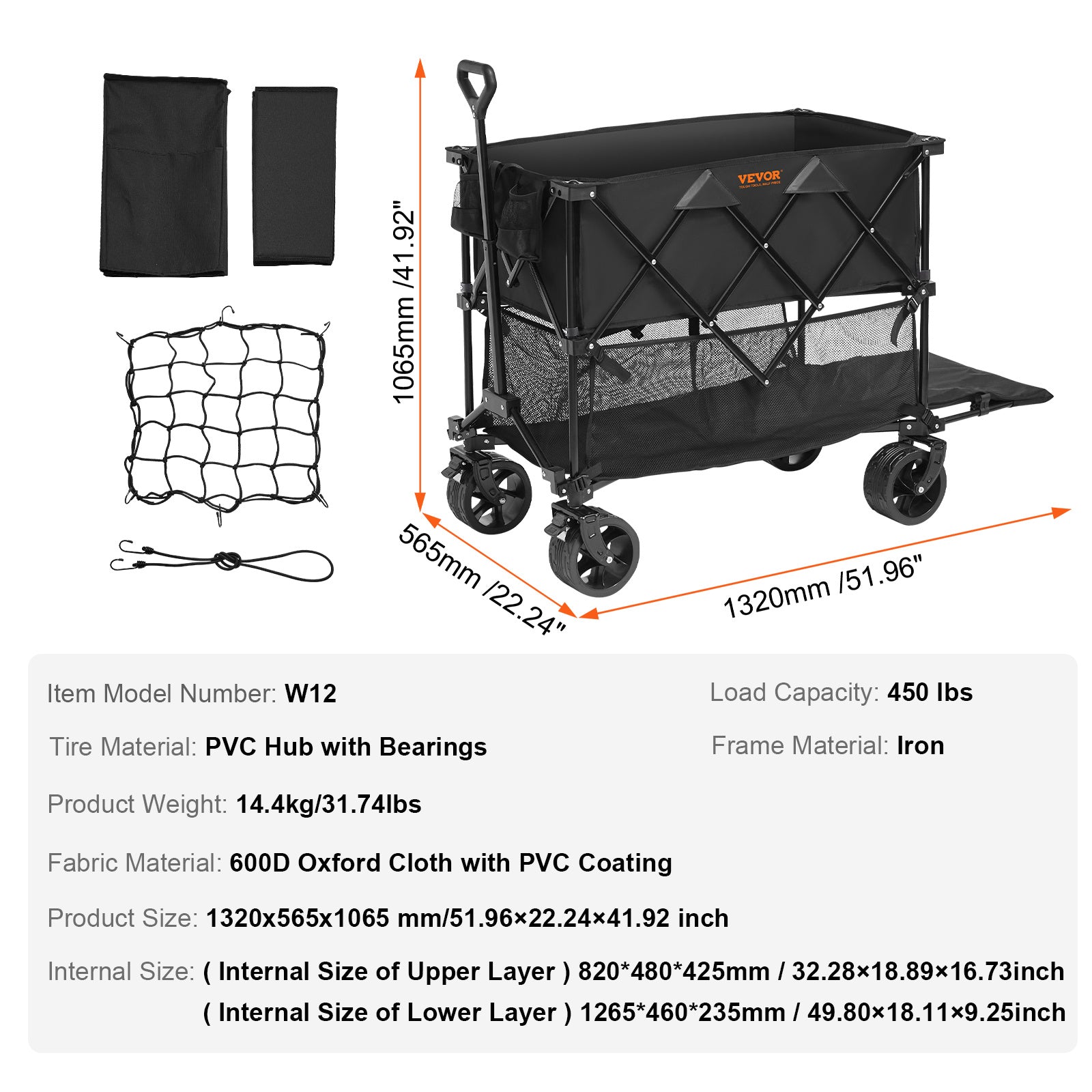 VEVOR 400L Large Collapsible Double Decker Wagon Cart, 50in-Long Extended Heavy Duty Beach Wagon with Big Wheels for Sand, 450lbs Capactiy Folding Wagon for Sports Grocery Camping Garden