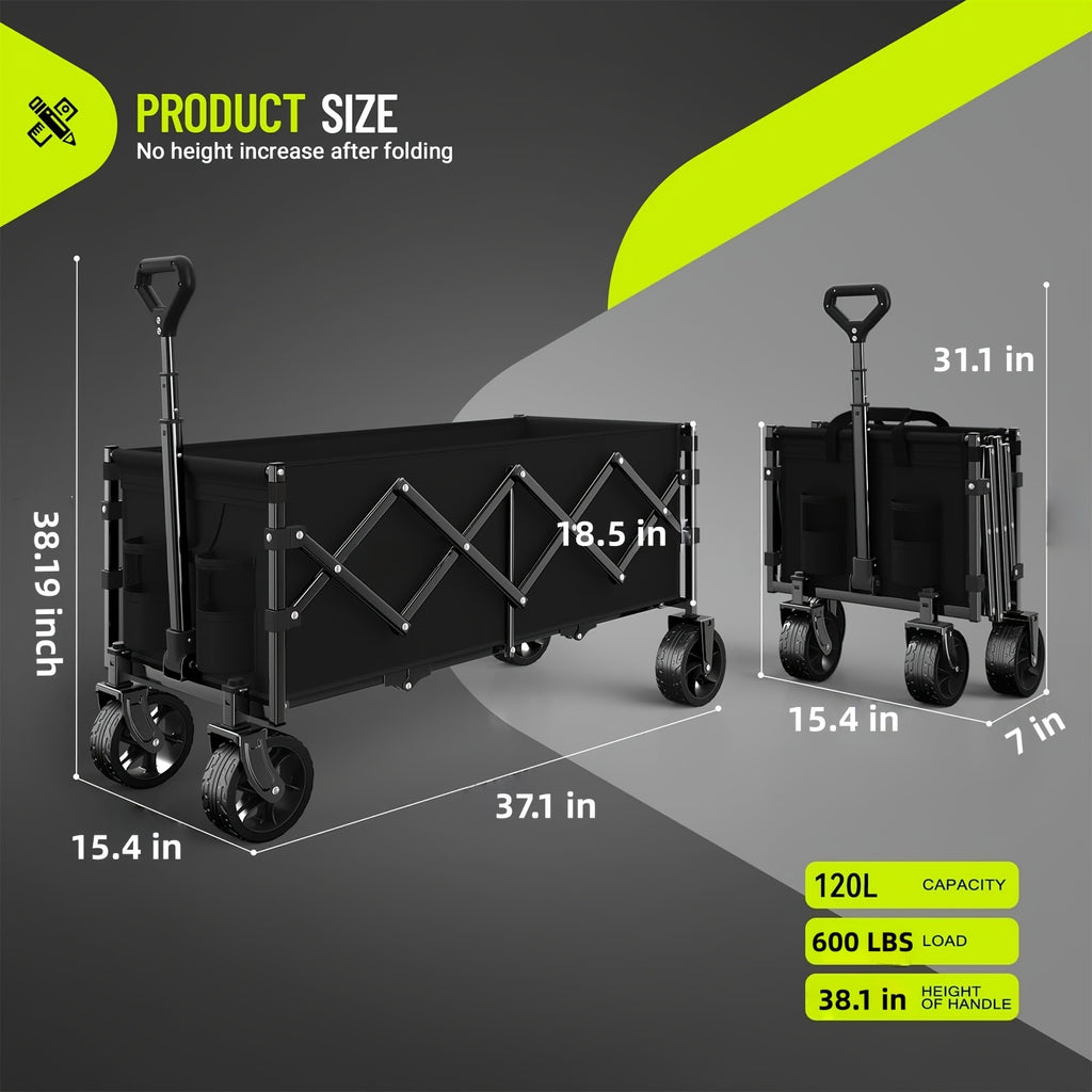 220LBS/ 450LBS/ 600LBS All Terrain Heavy Duty Folding Cart, Large Capacity Camper Suitable for Yard Shopping/ Sports/ Outdoor/ Gardening Equipment Handling, Black Multifunctional Utility Cart