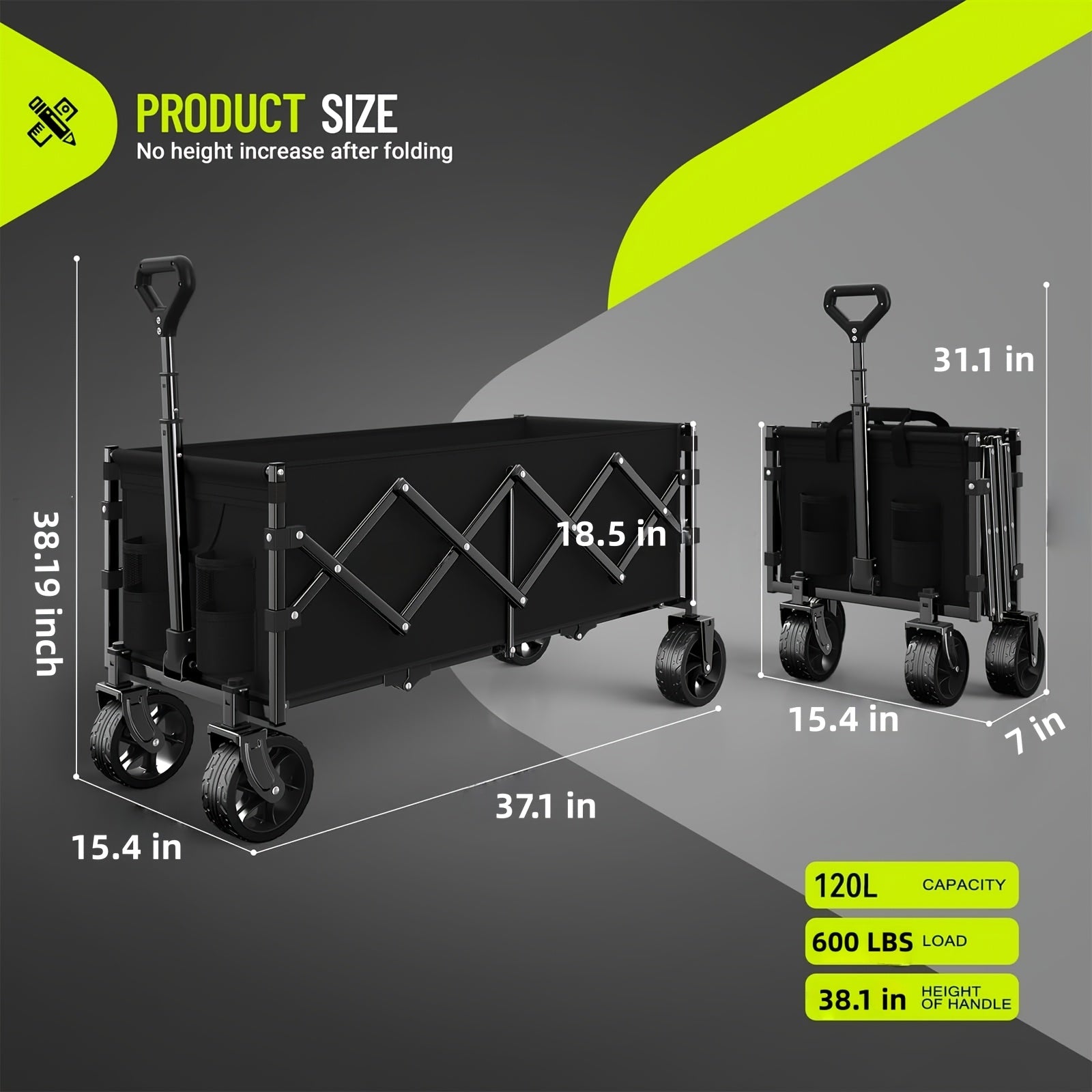 220LBS/ 450LBS/ 600LBS All Terrain Heavy Duty Folding Cart, Large Capacity Camper Suitable for Yard Shopping/ Sports/ Outdoor/ Gardening Equipment Handling, Black Multifunctional Utility Cart