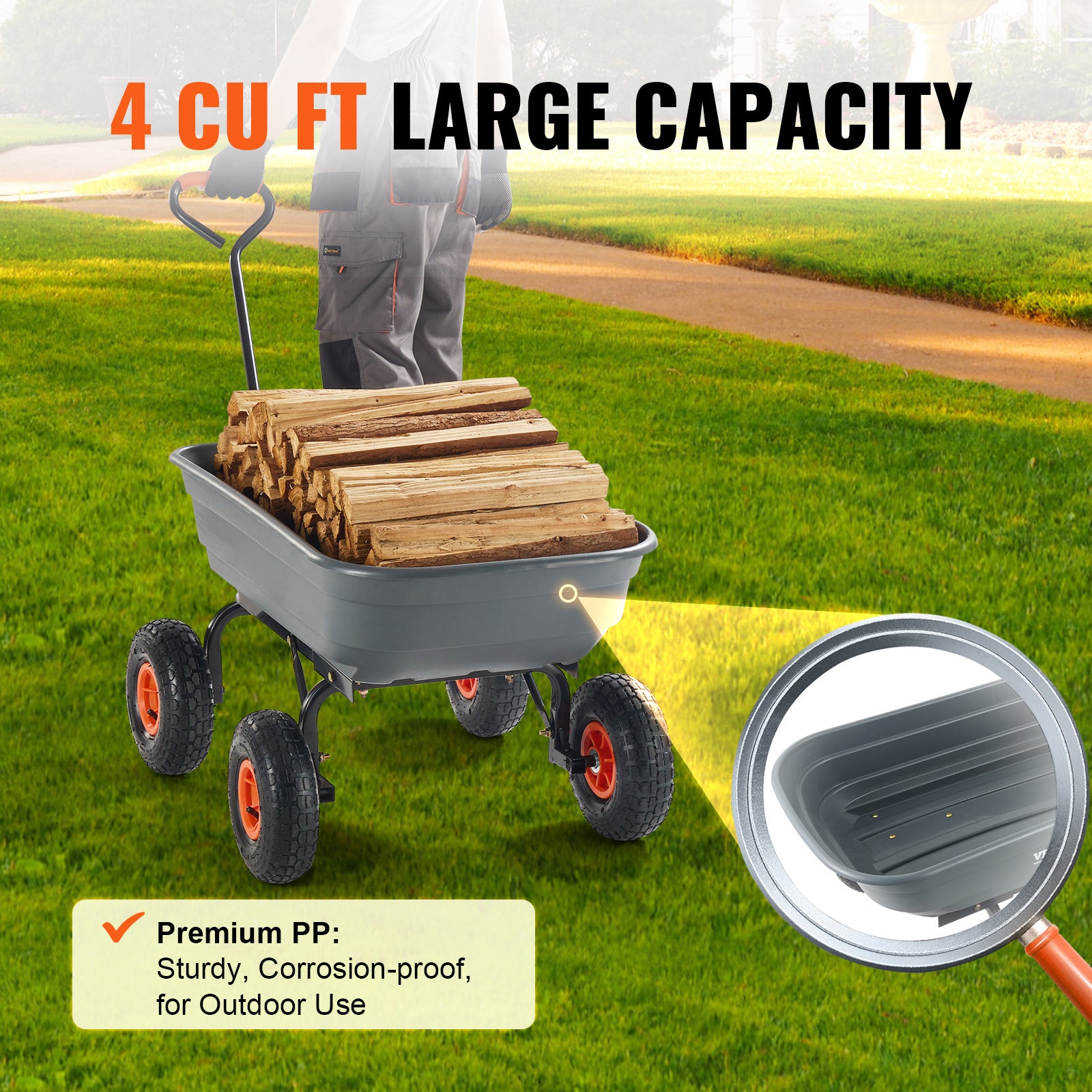 VEVOR Dump Cart, Metal/plastic Garden Dump Cart with Easy to Assemble Frame, Dump Wagon with 2-in-1 Convertible Handle, Utility Wheelbarrow 400 LBS/600 LBS/880 lbs Capacity, 10 inch Tires