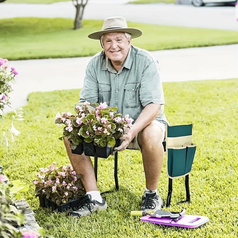 2-In-1 Green Metal Gardening Kneeling Stool Seat Set - Heavy Duty Gardening Kneeling And Sitting Dual Purpose Stool, Foldable Garden Bench with Tool Bag, Thick Knee Pads And Stable Armrests to Relieve Knee Pain, Ideal Gift for Gardeners
