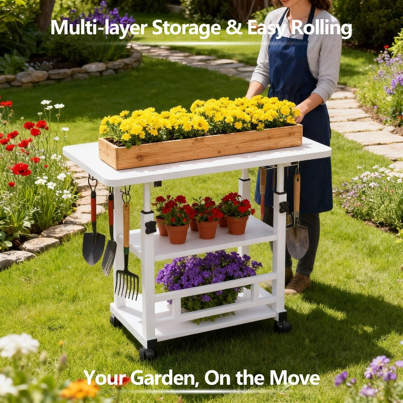 Sturdy Adjustable Height Versatile Garden Workbench |Metal Structure, Spacious Work Surface, Equipped with Lockable Wheels, Ideal for Office, Bedroom, Patio, Gardening, Long-Lasting And Easy to Maintain Design, Plant Stand, Outdoor Garden Table