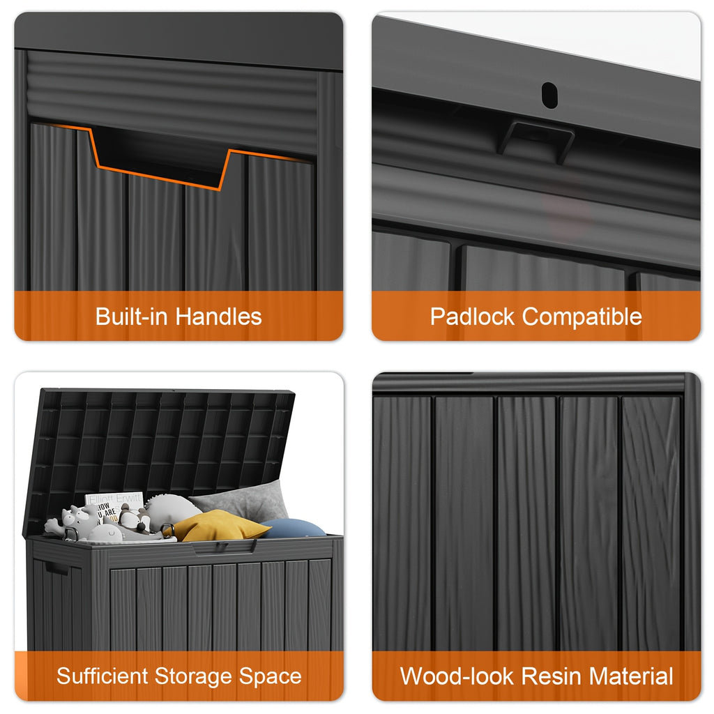 46 Gallon Deck Box WOOD GRAIN Outdoor Storage Box, Weatherproof and UV Resistant, Resin Package & Storage with Lockable Lid for Furniture Cushions, Pool Accessories, Garden Tools – Perfect Holiday gift for Halloween, Christmas, Thanksgiving, Box