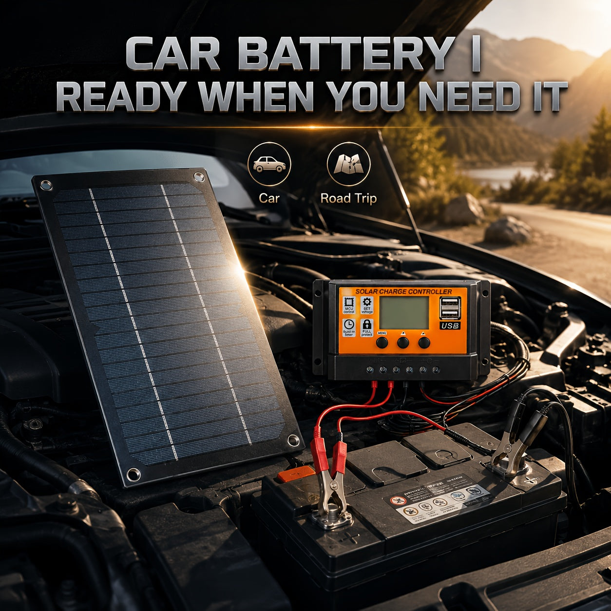 [Solar Panel Kit] Solar Panel Kit With 100A Charge Controller, Monocrystalline Silicon Solar Battery Charger With Extension Cable, Battery Clip, Suction Cups, 18V Solar Charger For RV, Camper, Van, Boat, Camping, Outdoor Travel, Farm, Garden, Emergency Po