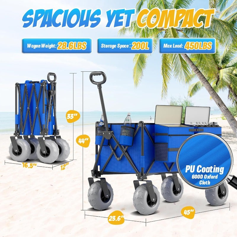 [Beach Cart & Wagon] Heavy-Duty Large Wheel Beach Cart & Transport Wagon with 450 lbs Capacity, 68.68gal Capacity, 9-Inch All-Terrain Tires, Foldable Design, Adjustable Handlebar & Storage Bag & Cooler - Sturdy Multi-Layer Carbon Steel Frame, Reinforced P