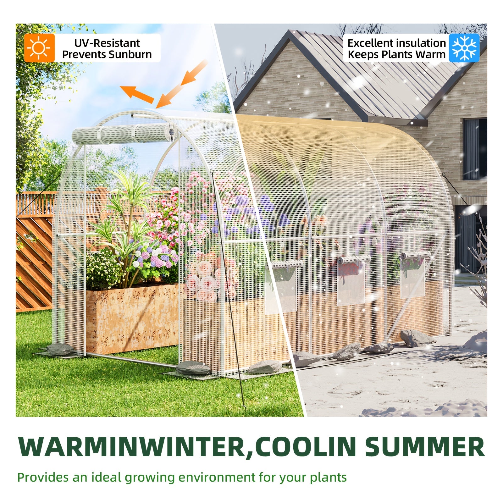 WHONLINE Walk-In Greenhouse for Outddors, Upgraded Green House with Dual Zippered Screen Doors & 6 Screen Windows, Heavy Duty Plastic Plant Warm House with Reinforced Frame (10X6.6X6.6 FT)